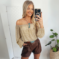 Marilyn - Beige Leopard Velvet Burnout Off Shoulder Long Sleeve Blouse