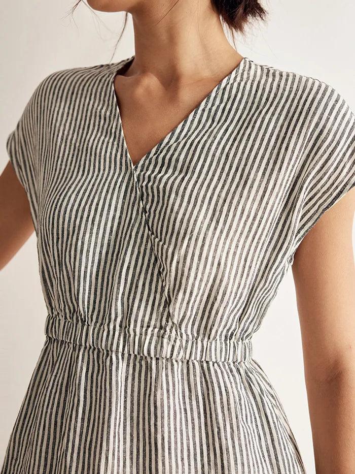 100% Linen Striped Elastic-Waist Midi Dress ARIA