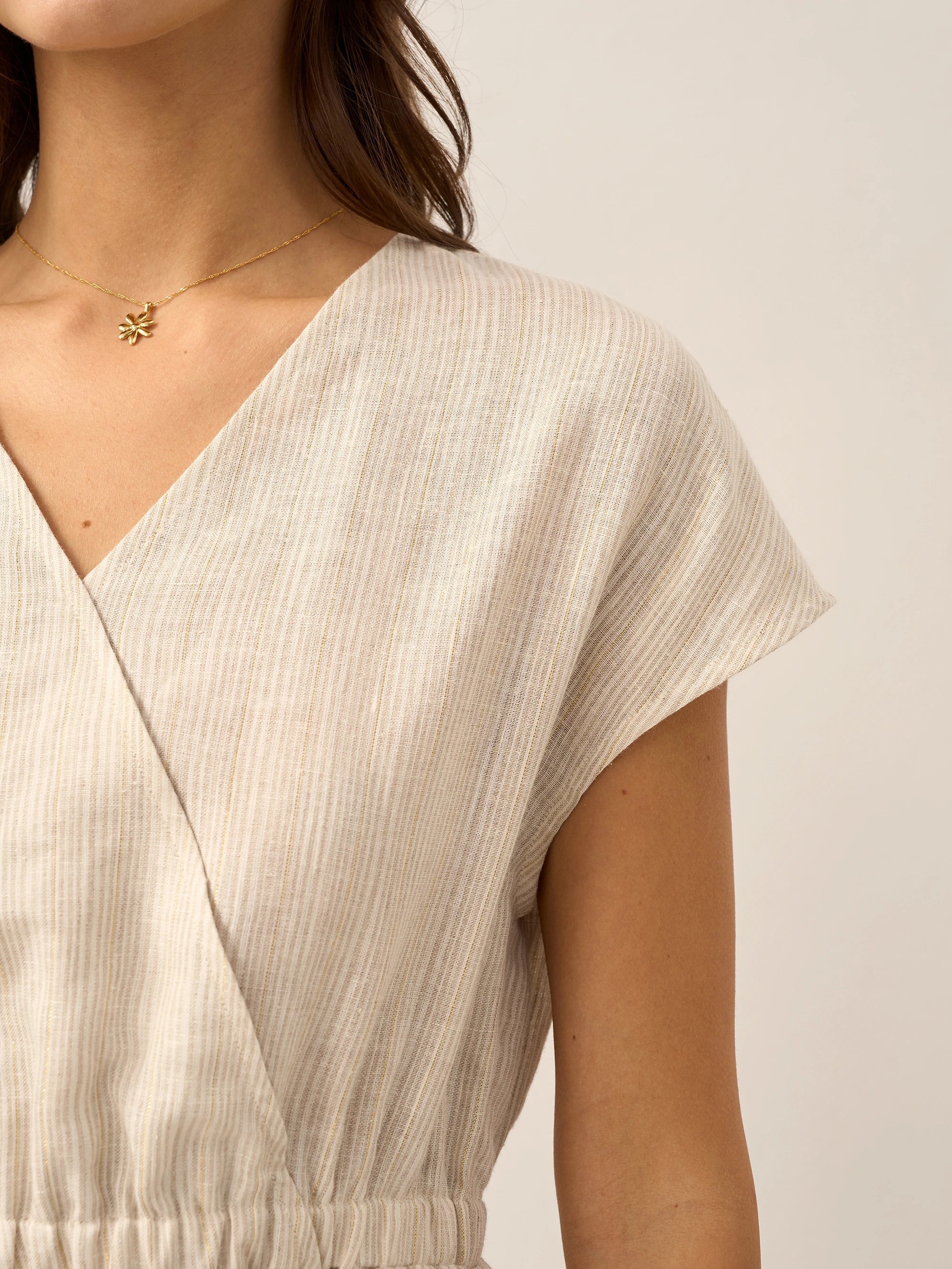 100% Linen Striped Elastic-Waist Midi Dress ARIA
