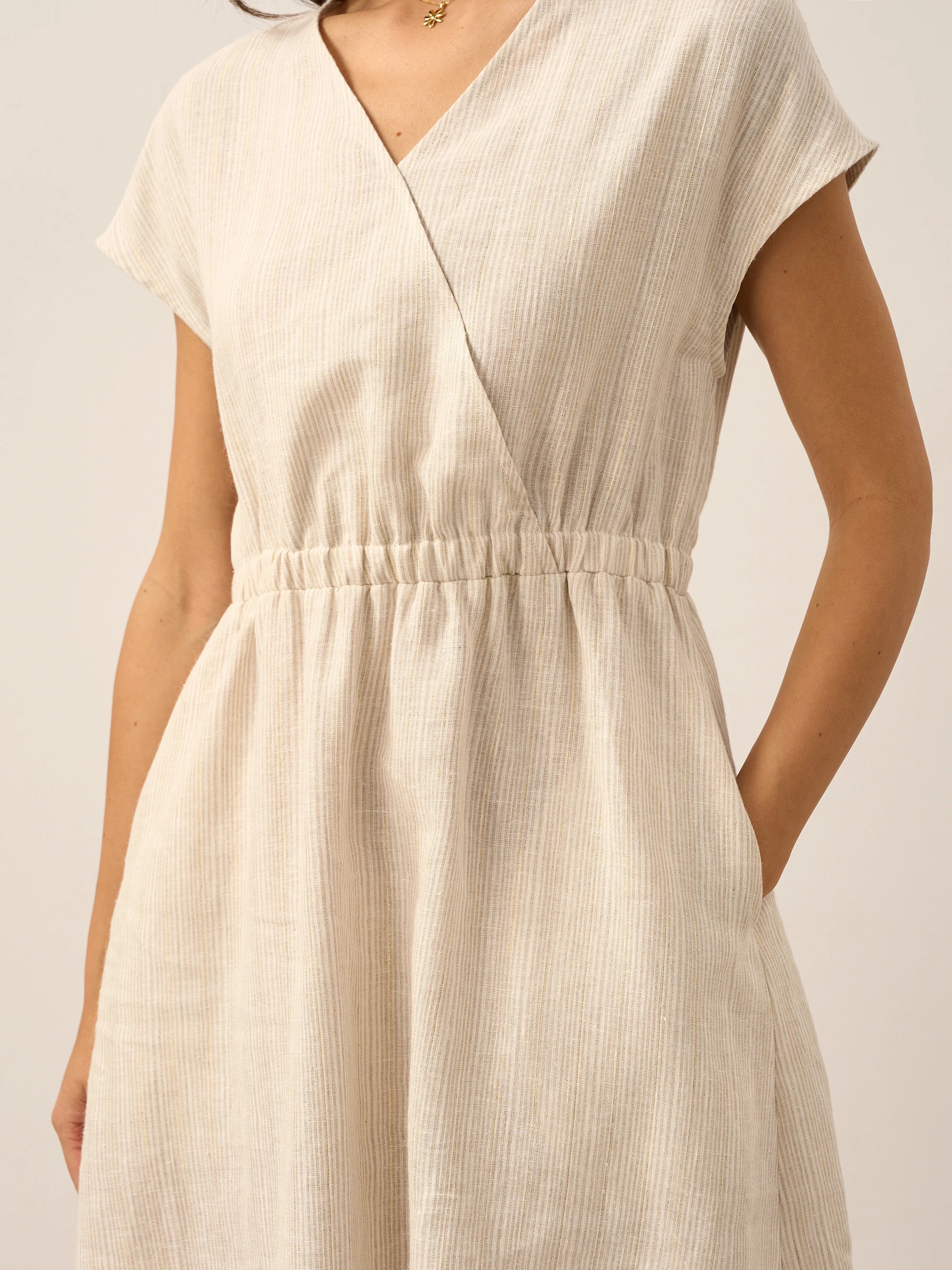 100% Linen Striped Elastic-Waist Midi Dress ARIA