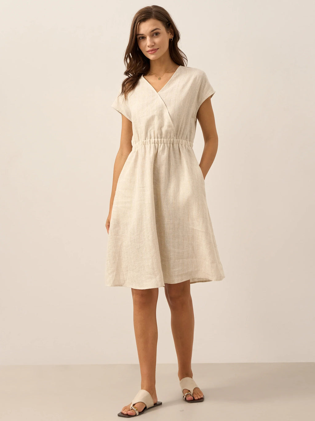 100% Linen Striped Elastic-Waist Midi Dress ARIA