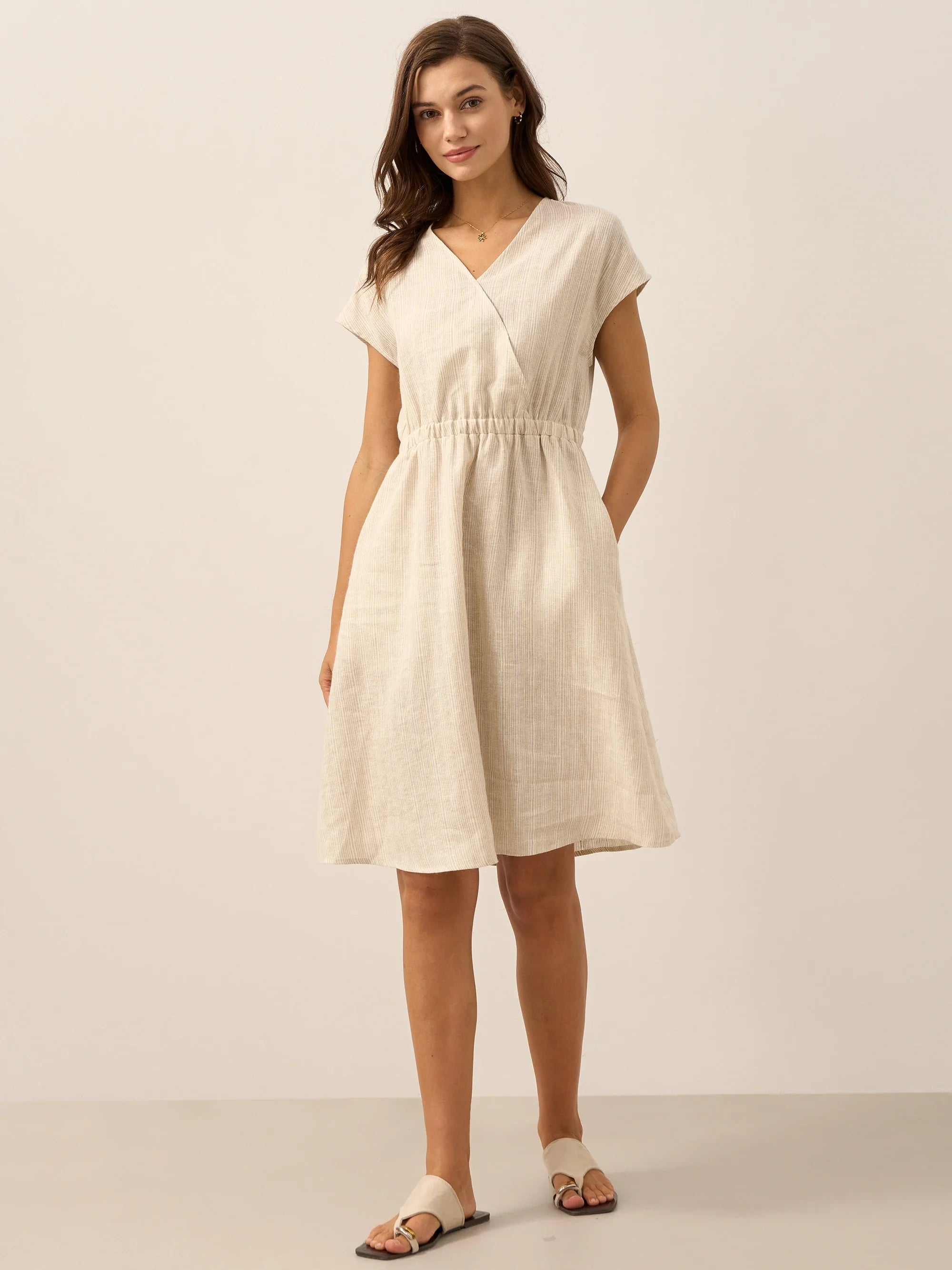 100% Linen Striped Elastic-Waist Midi Dress ARIA