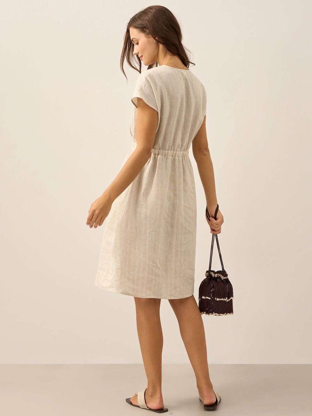 100% Linen Striped Elastic-Waist Midi Dress ARIA