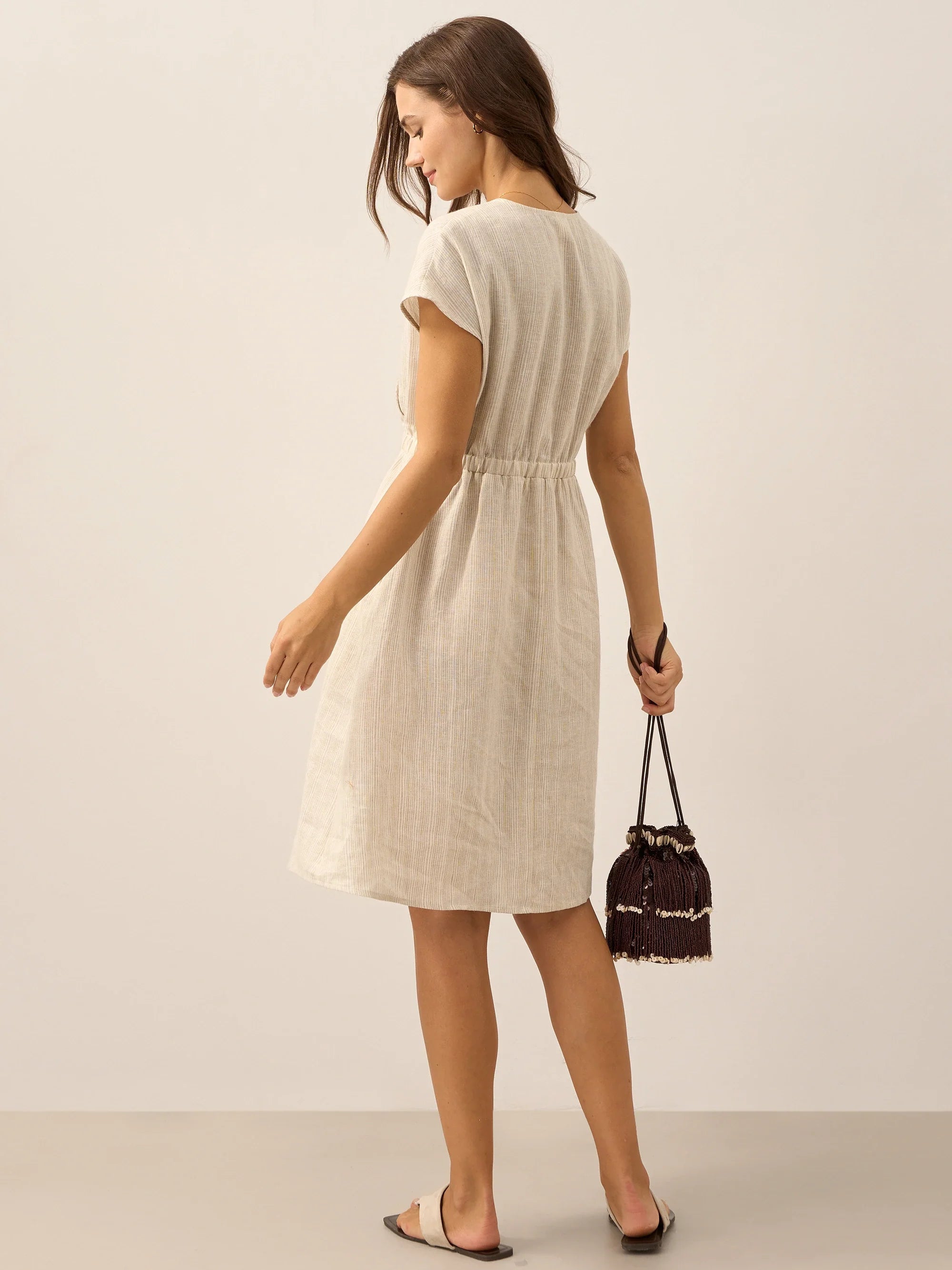 100% Linen Striped Elastic-Waist Midi Dress ARIA