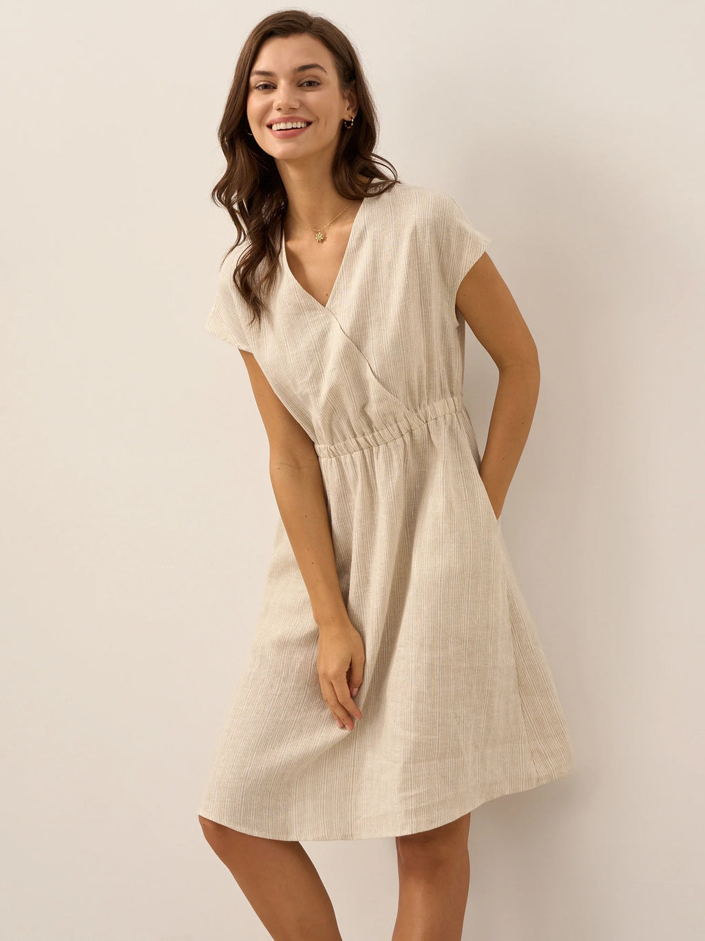 100% Linen Striped Elastic-Waist Midi Dress ARIA