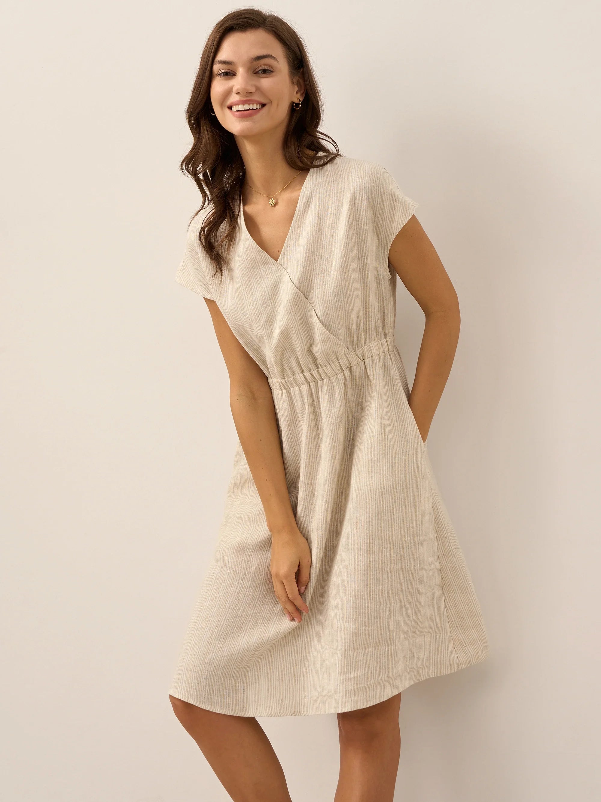 100% Linen Striped Elastic-Waist Midi Dress ARIA