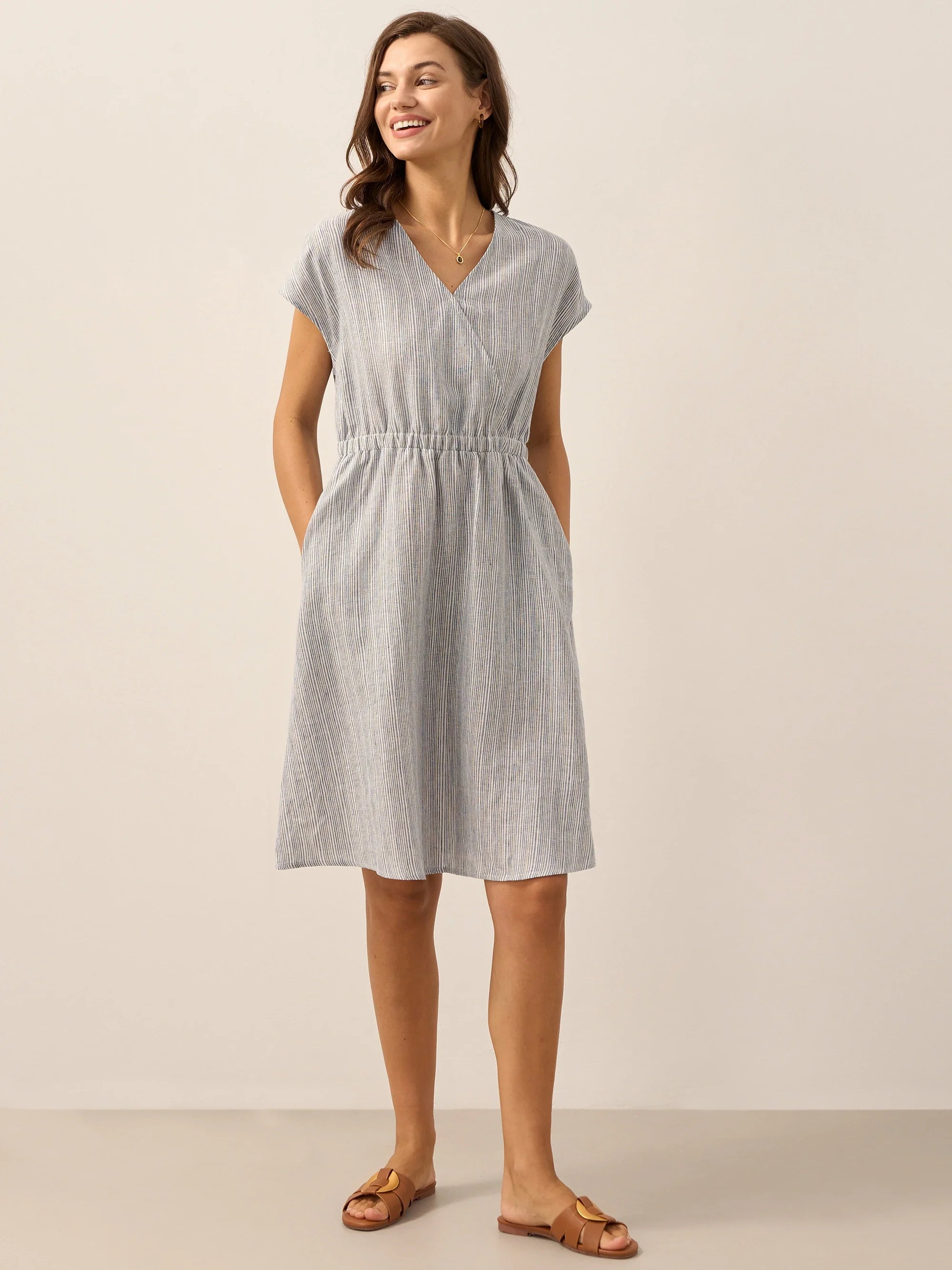 100% Linen Striped Elastic-Waist Midi Dress ARIA