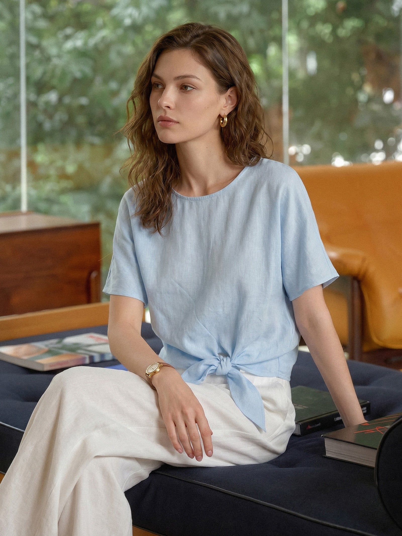100% Linen Tie Front Drop Shoulder Top PAULA