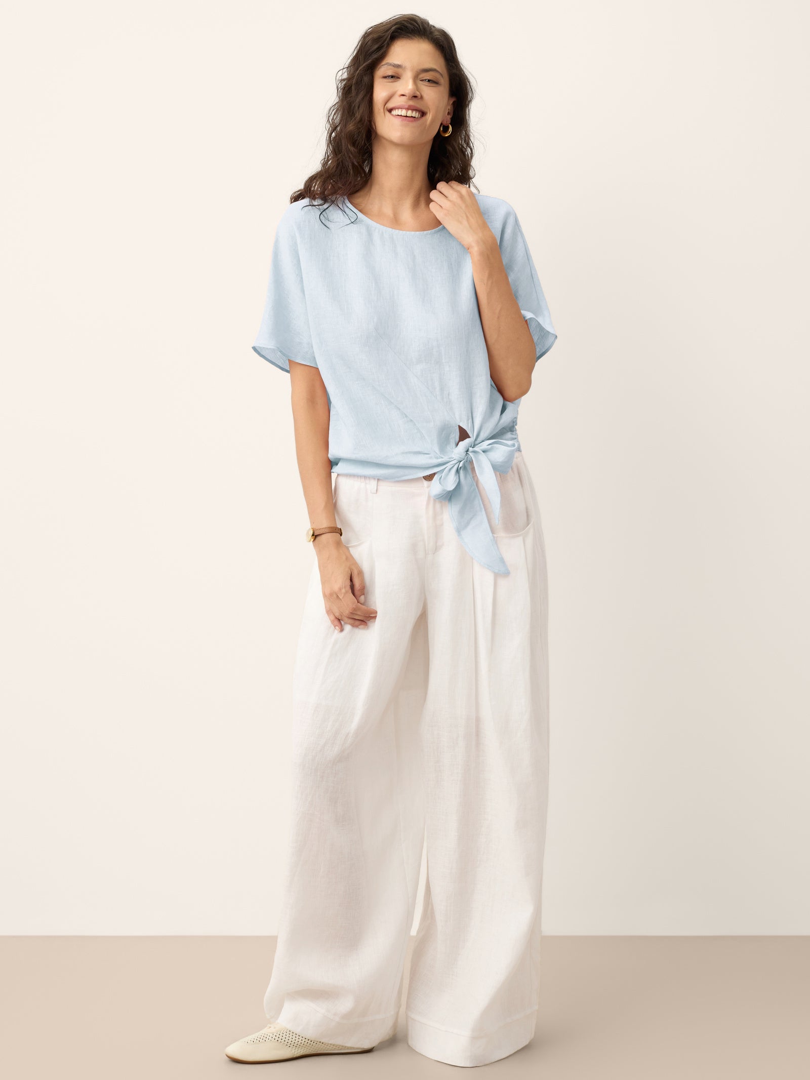 100% Linen Tie Front Drop Shoulder Top PAULA