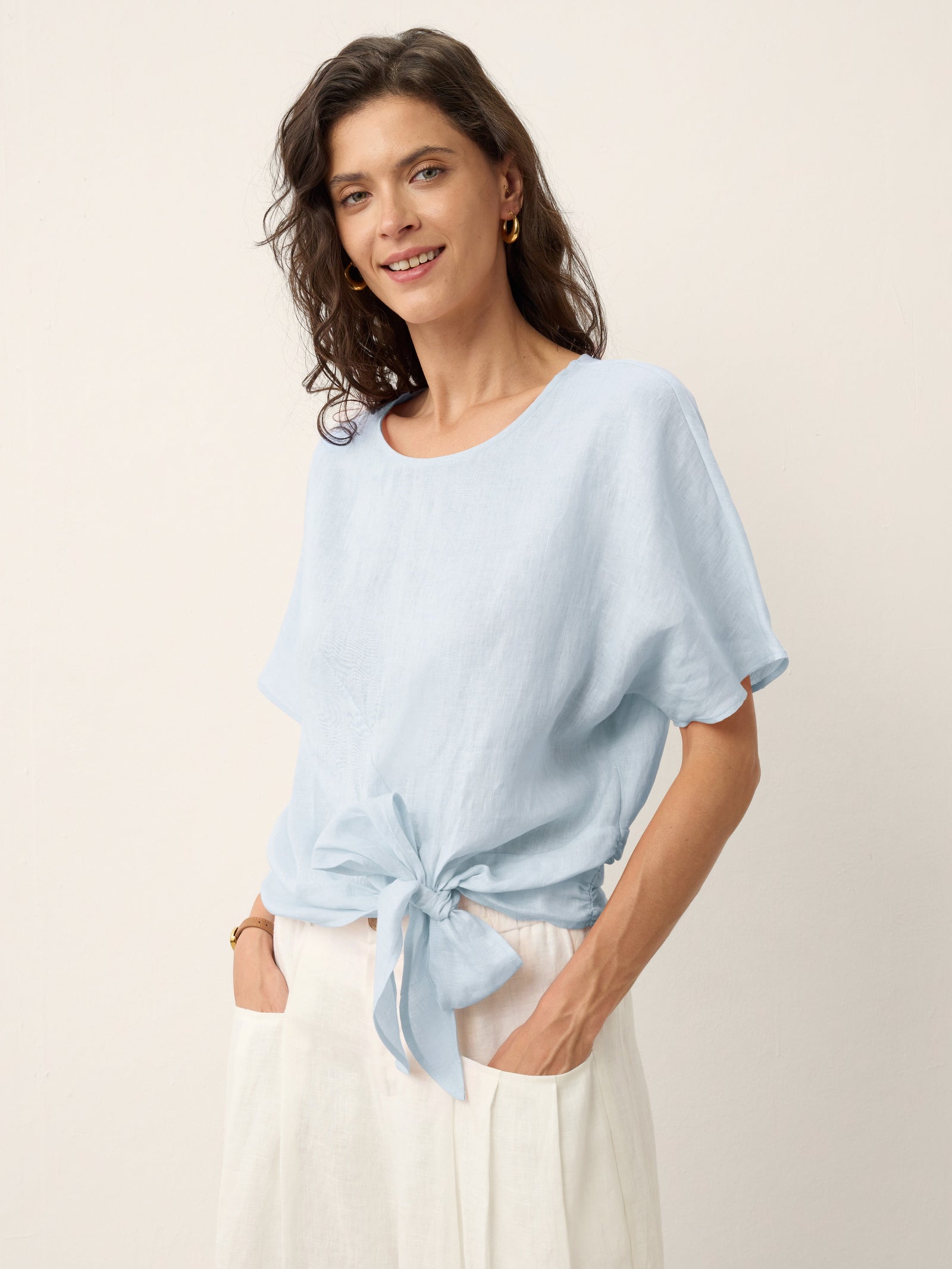 100% Linen Tie Front Drop Shoulder Top PAULA