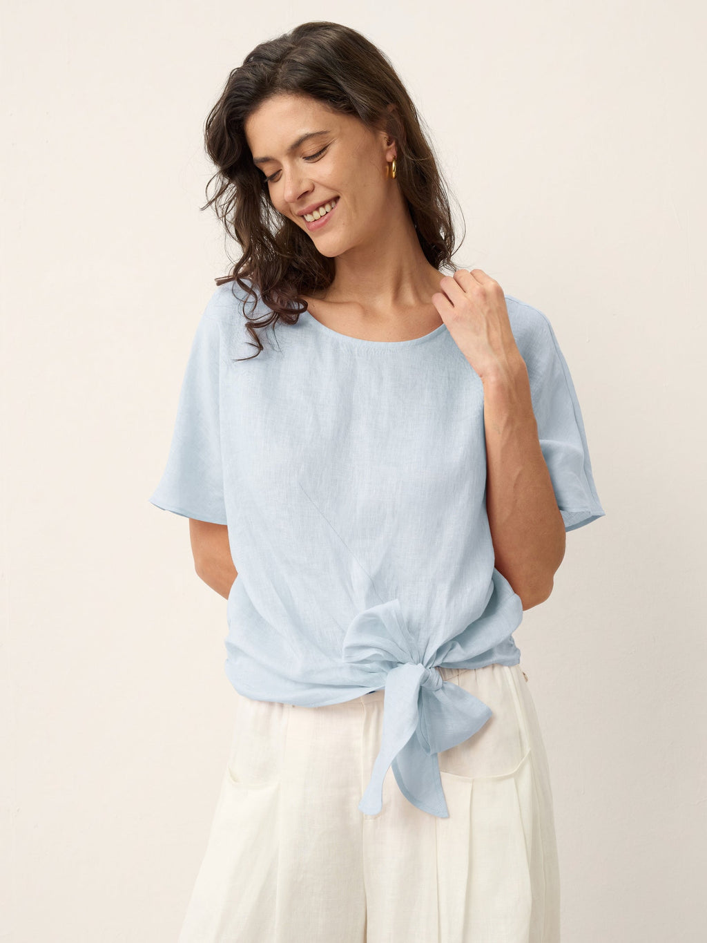 100% Linen Tie Front Drop Shoulder Top PAULA