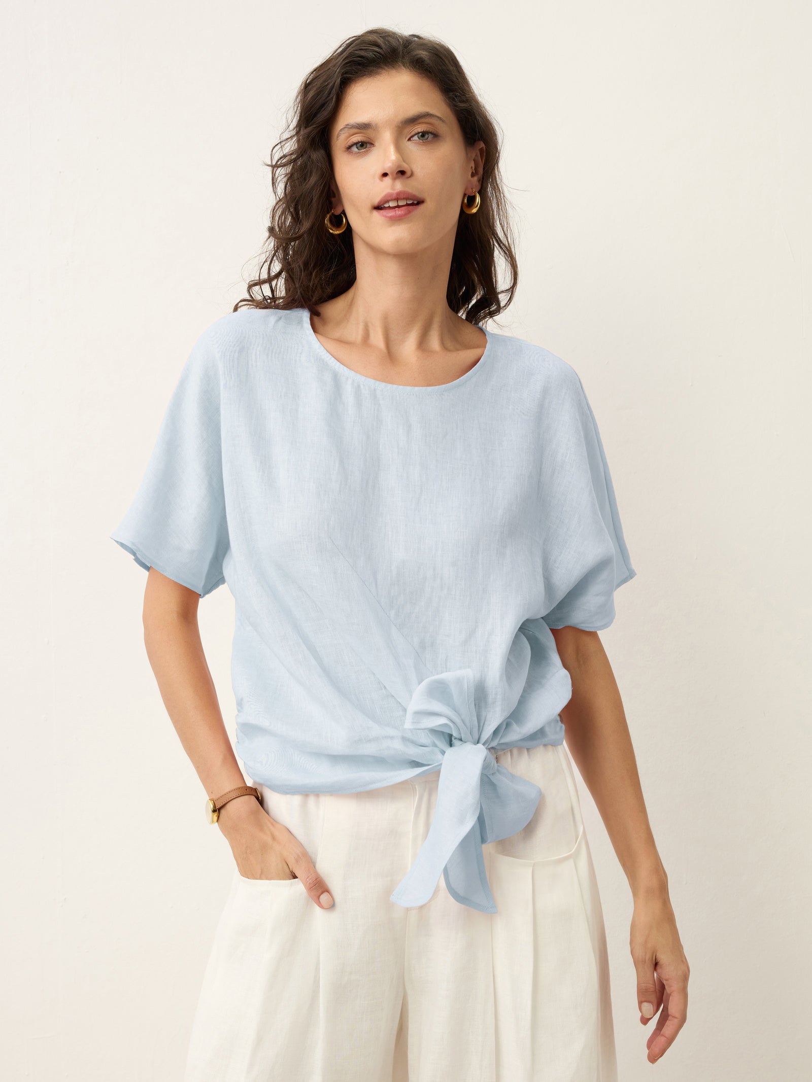 100% Linen Tie Front Drop Shoulder Top PAULA
