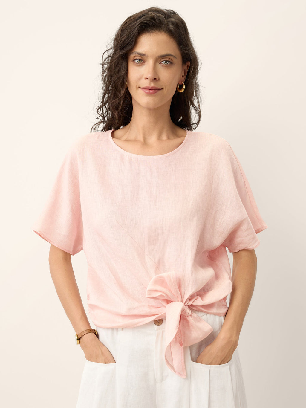 100% Linen Tie Front Drop Shoulder Top PAULA