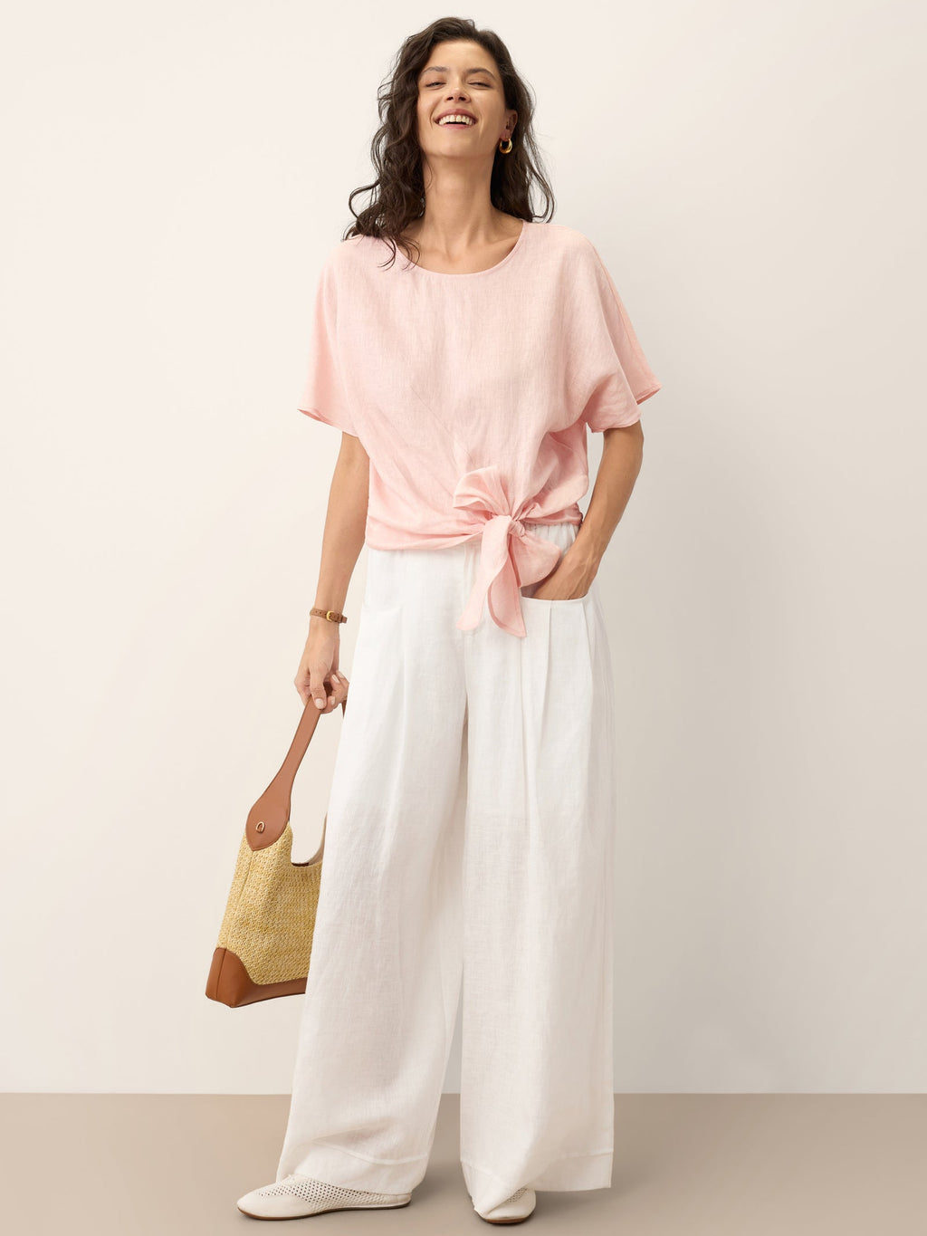 100% Linen Tie Front Drop Shoulder Top PAULA