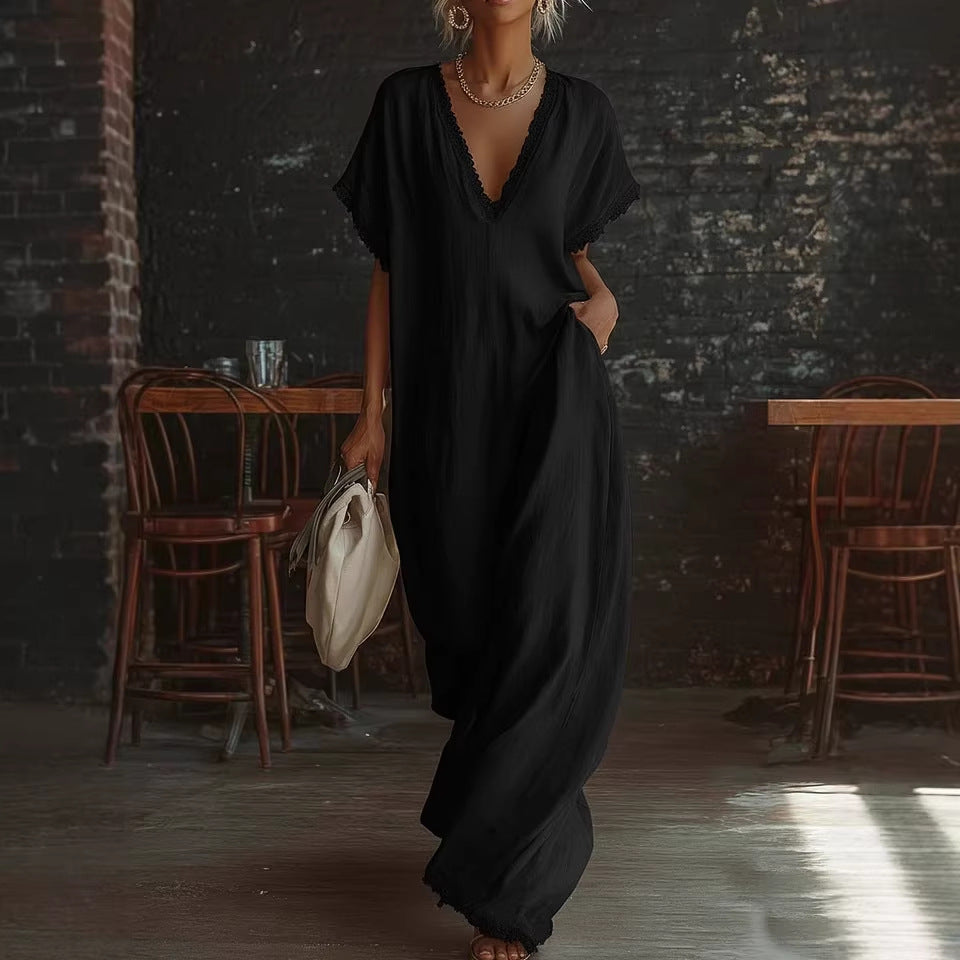 Lace-Trimmed Loose Linen Cotton Long Dress for Women