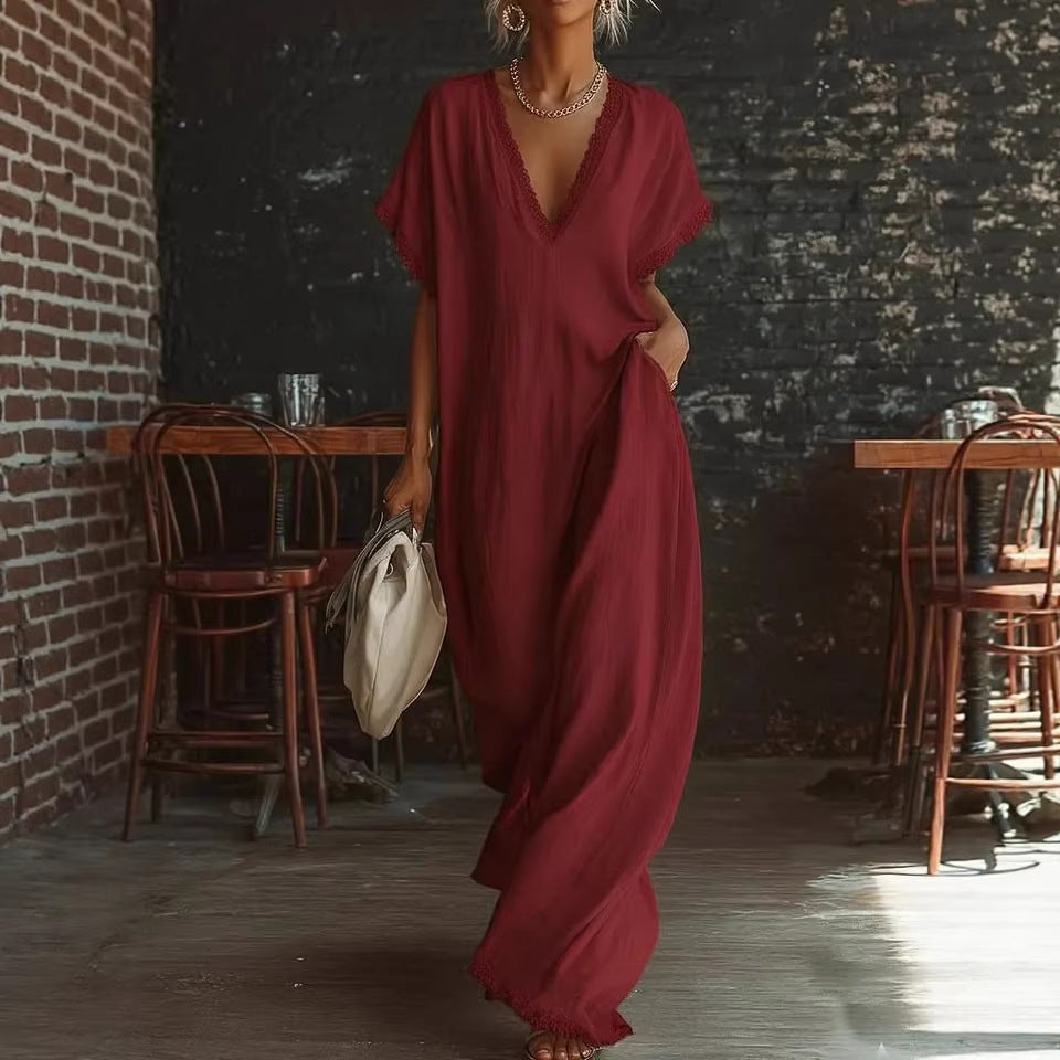 Lace-Trimmed Loose Linen Cotton Long Dress for Women