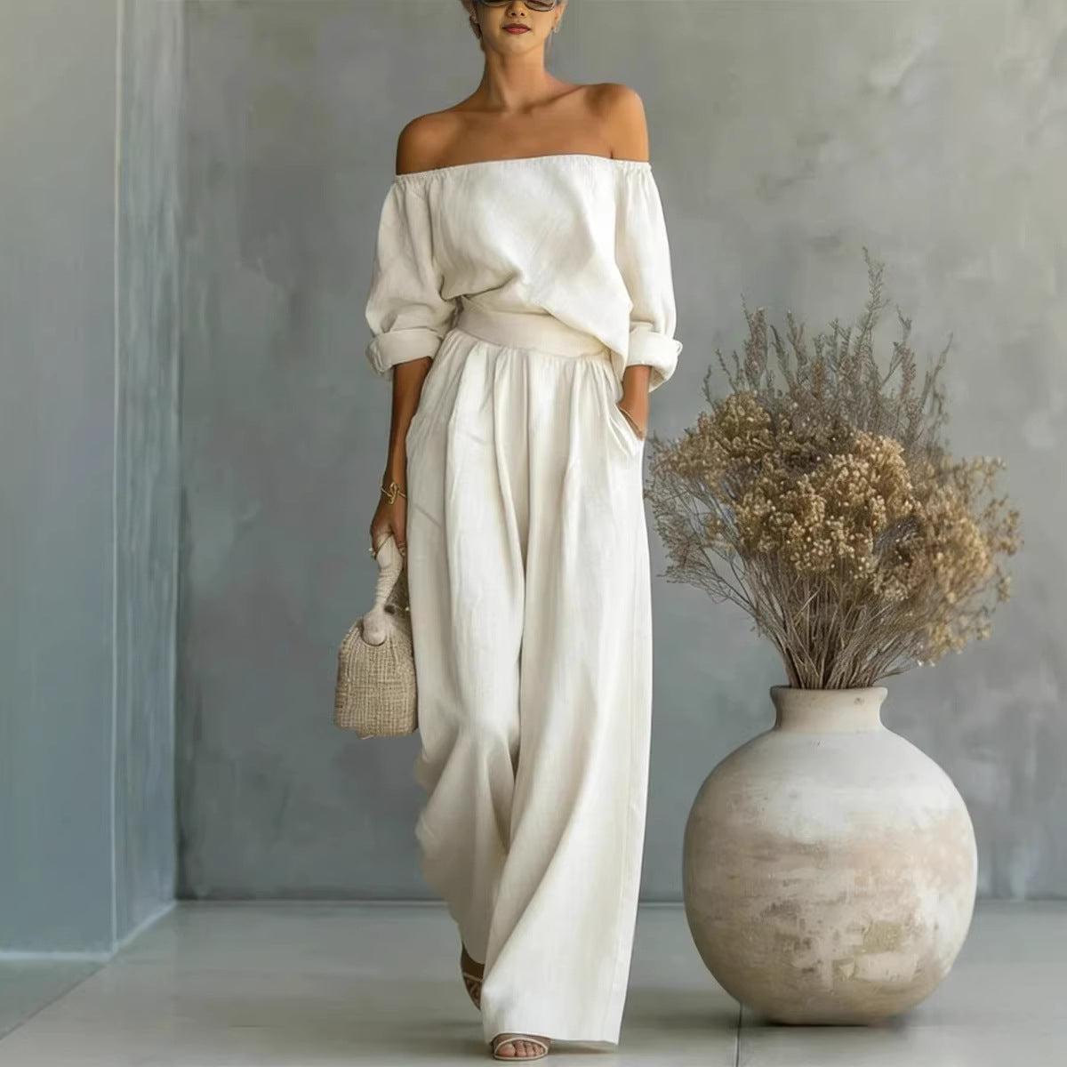 Women's Off-Shoulder Long-Sleeve Top & Wide-Leg Pants Two-Piece Set
