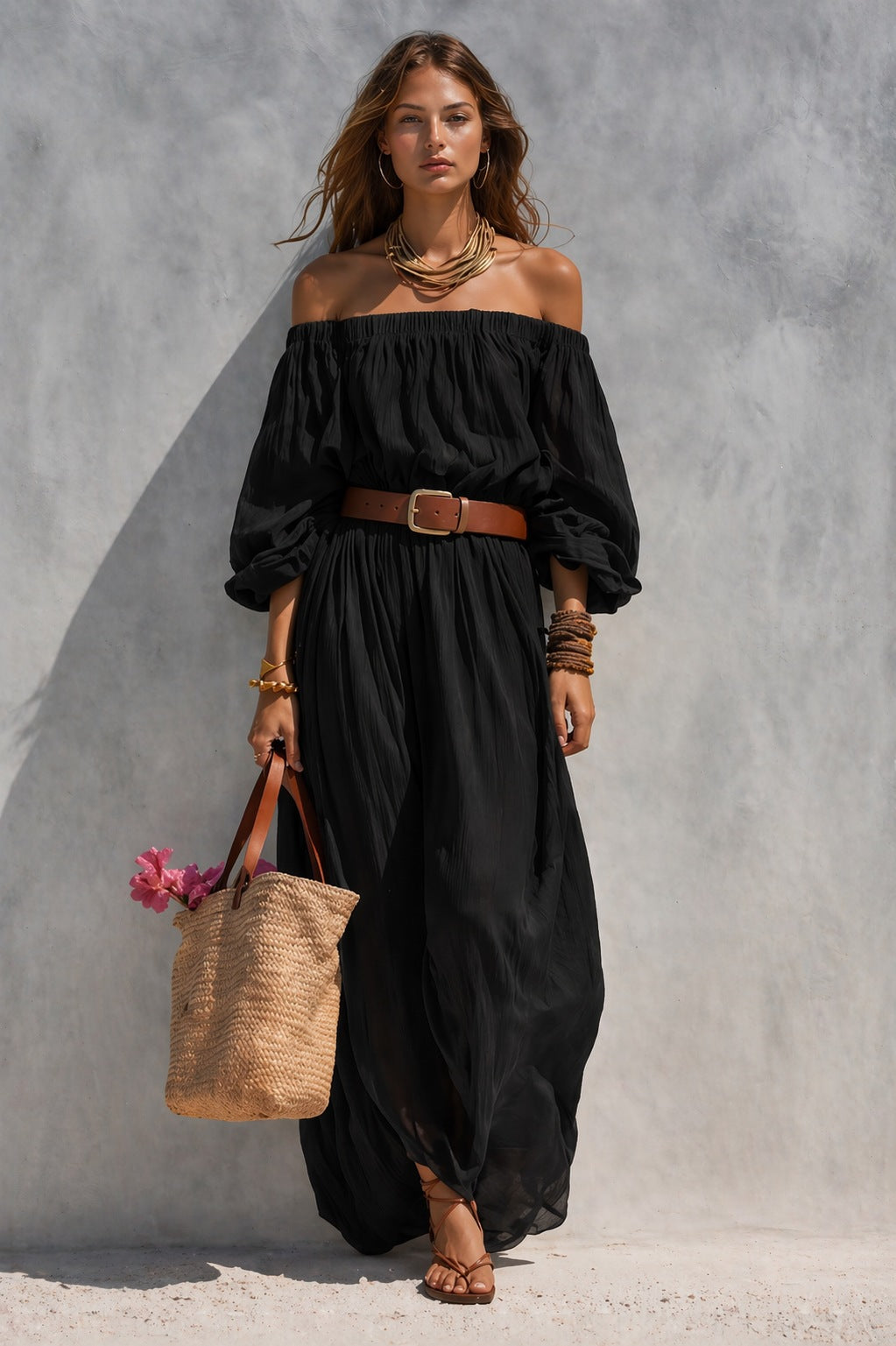 Women's Boat-Neck Sleeveless Cotton-Linen Maxi Dress