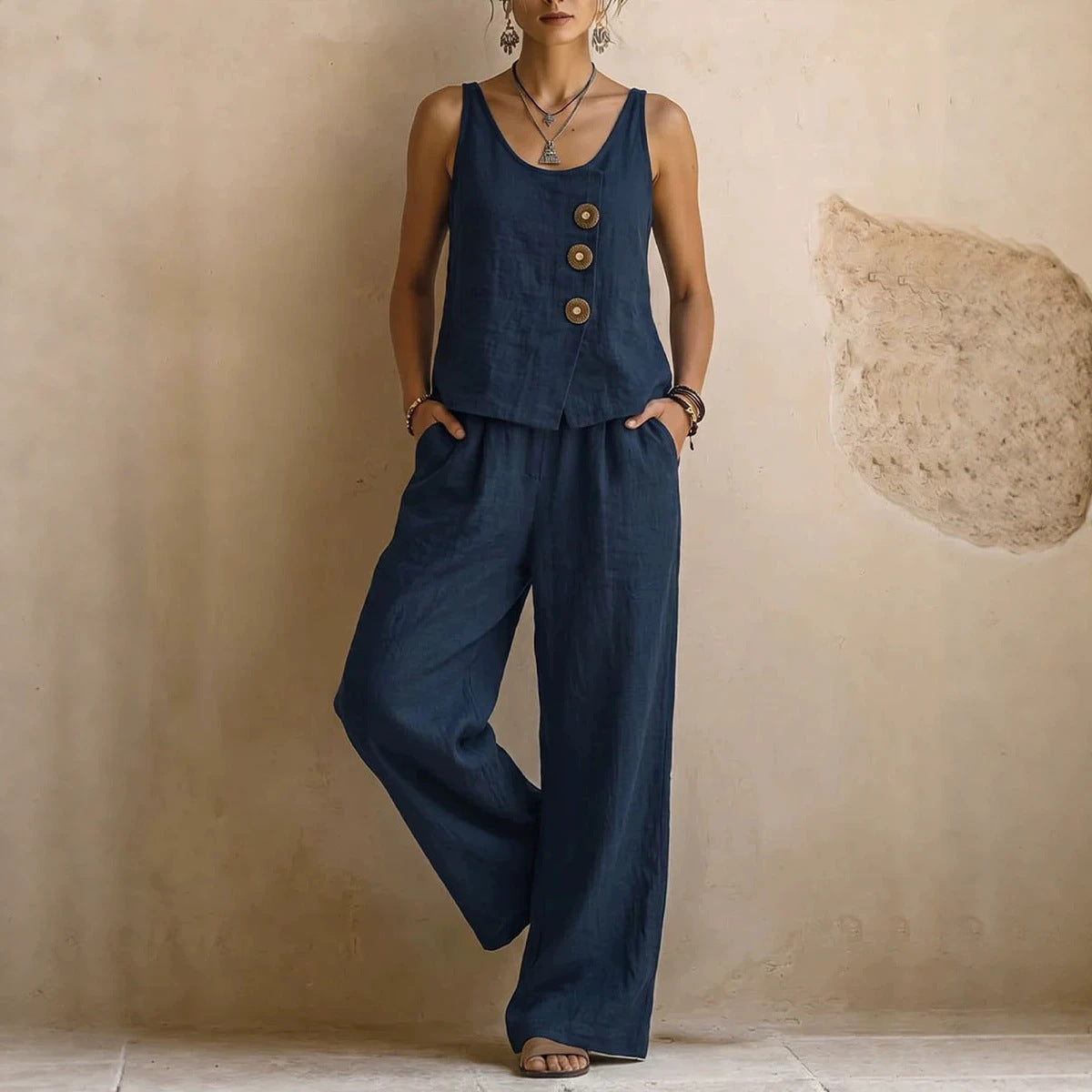 Women's Cotton Linen Sleeveless Tank Top & Pants Two-Piece Set