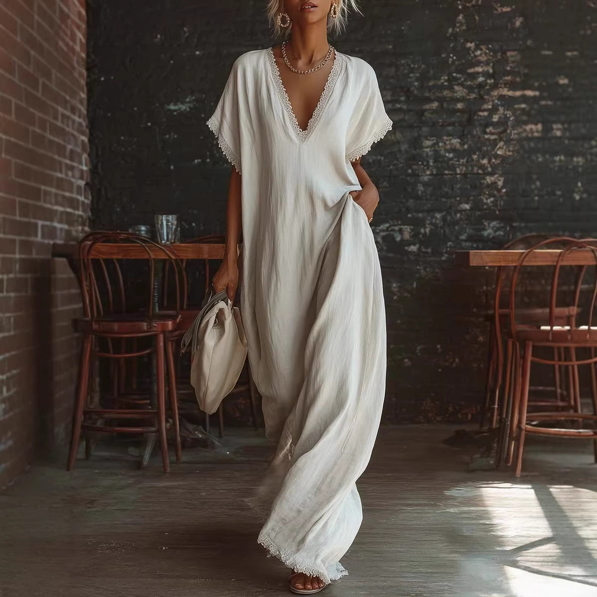 Lace-Trimmed Loose Linen Cotton Long Dress for Women