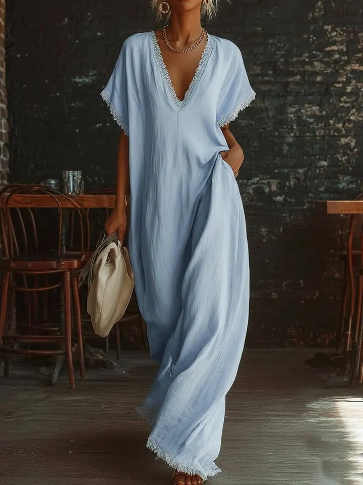 Lace-Trimmed Loose Linen Cotton Long Dress for Women