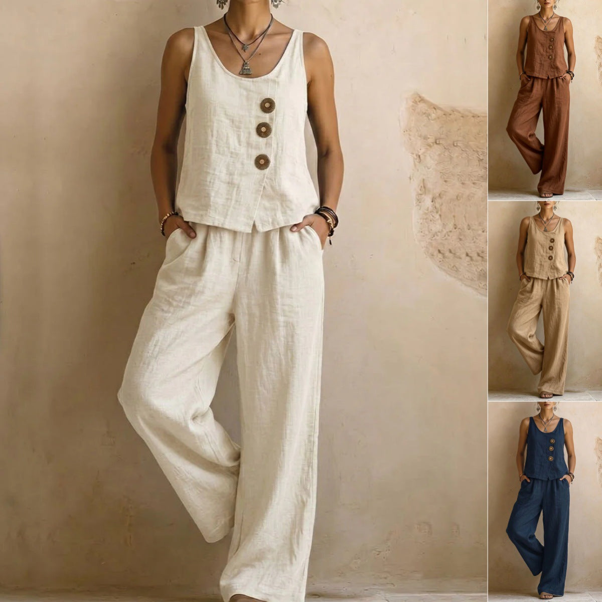 Women's Cotton Linen Sleeveless Tank Top & Pants Two-Piece Set