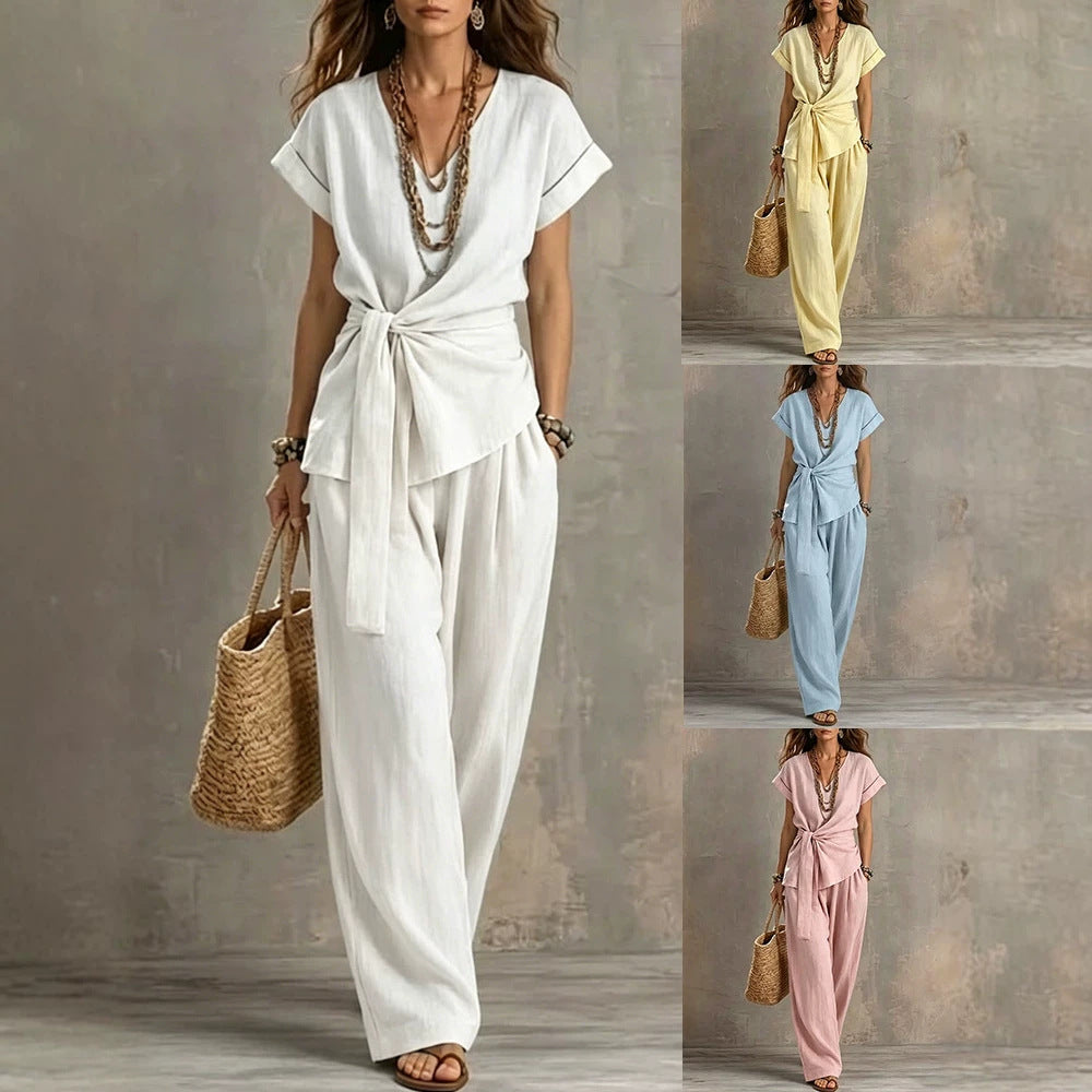 Women's V-Neck Short-Sleeve Top & Pants Two-Piece Set