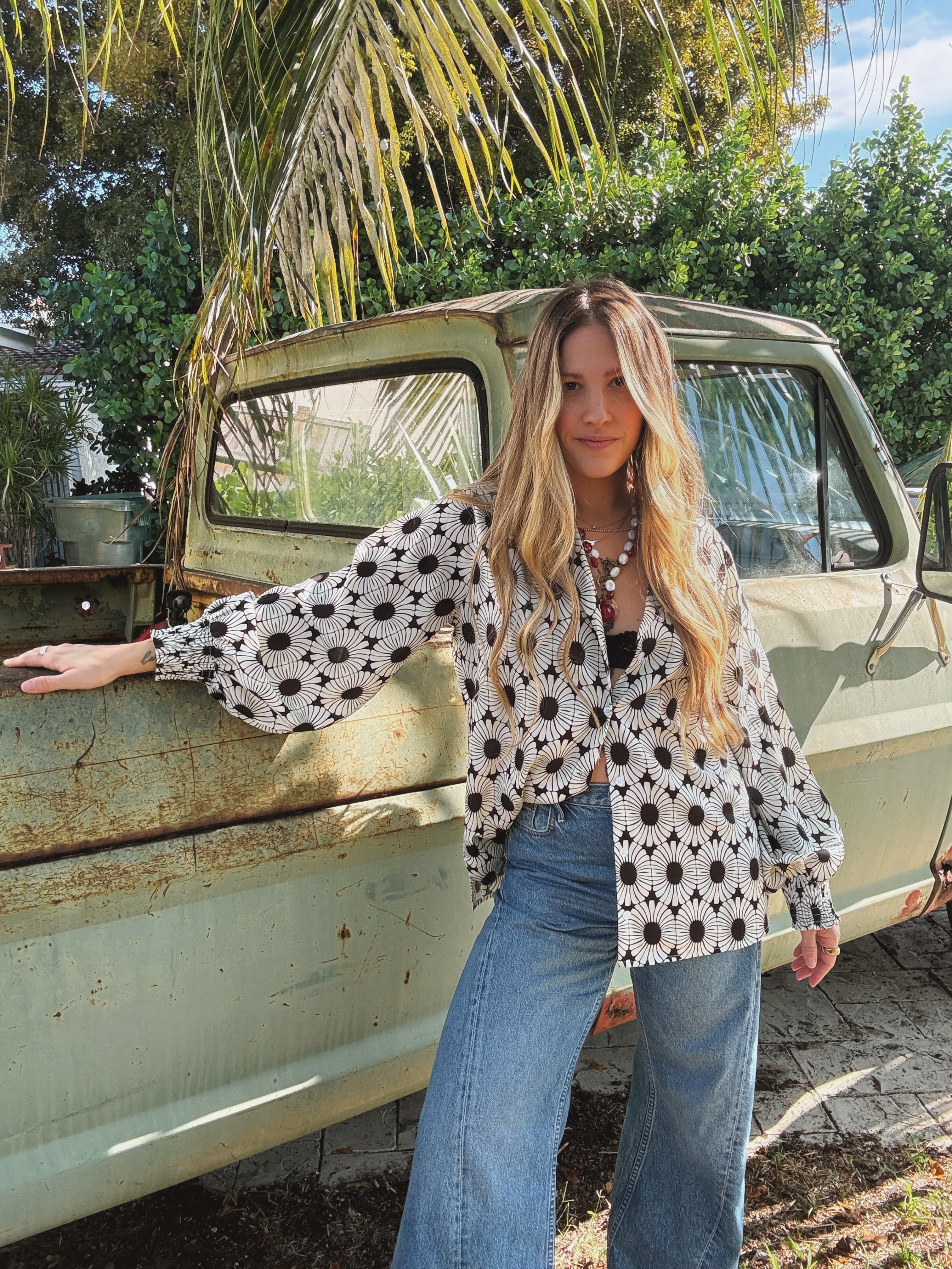 White Wedding Retro Floral Button Up Blouse