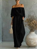 Women's Off-Shoulder Long-Sleeve Top & Wide-Leg Pants Two-Piece Set