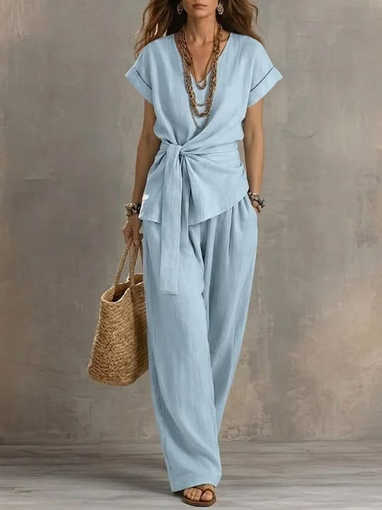Women's V-Neck Short-Sleeve Top & Pants Two-Piece Set