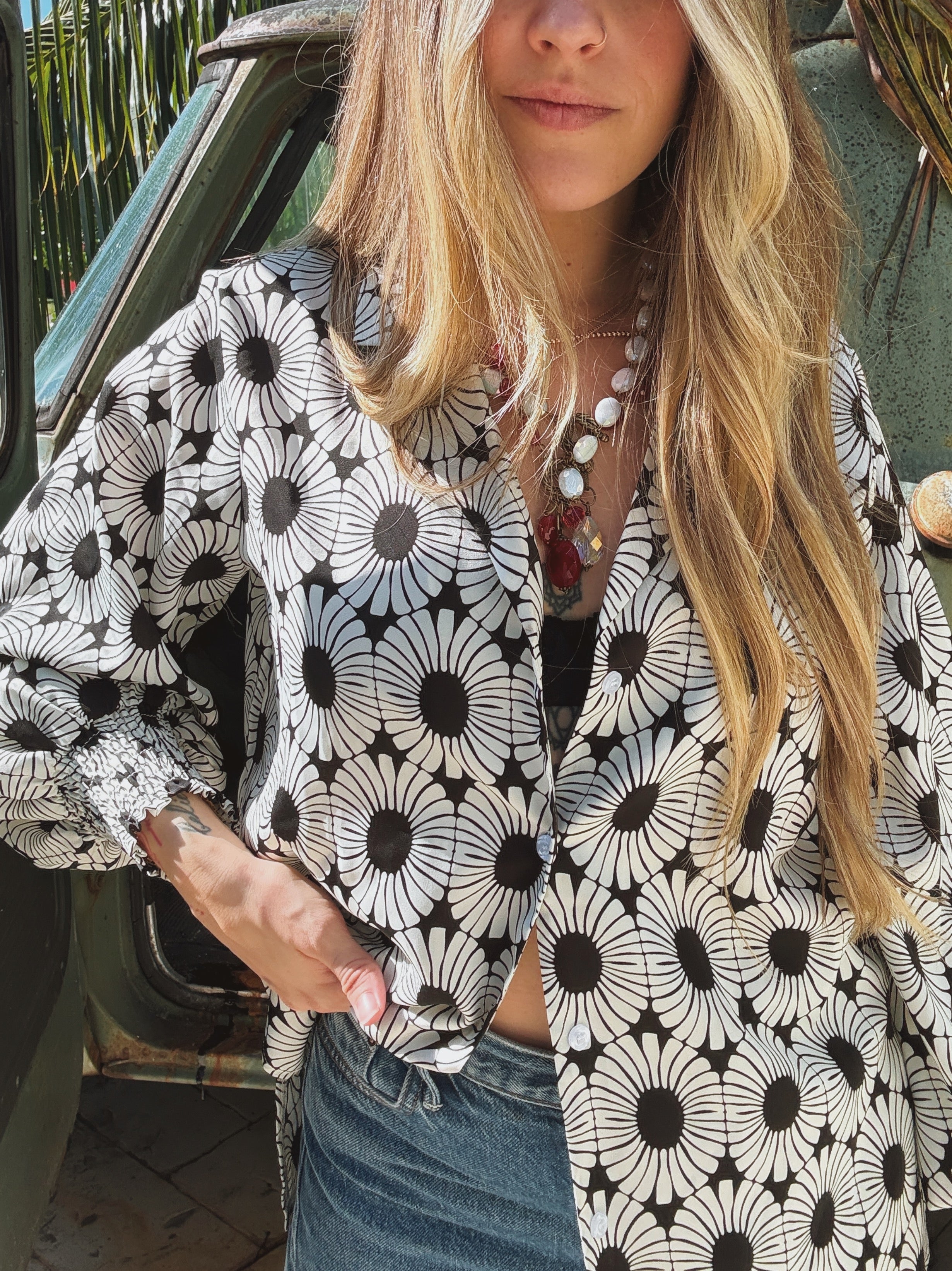 White Wedding Retro Floral Button Up Blouse