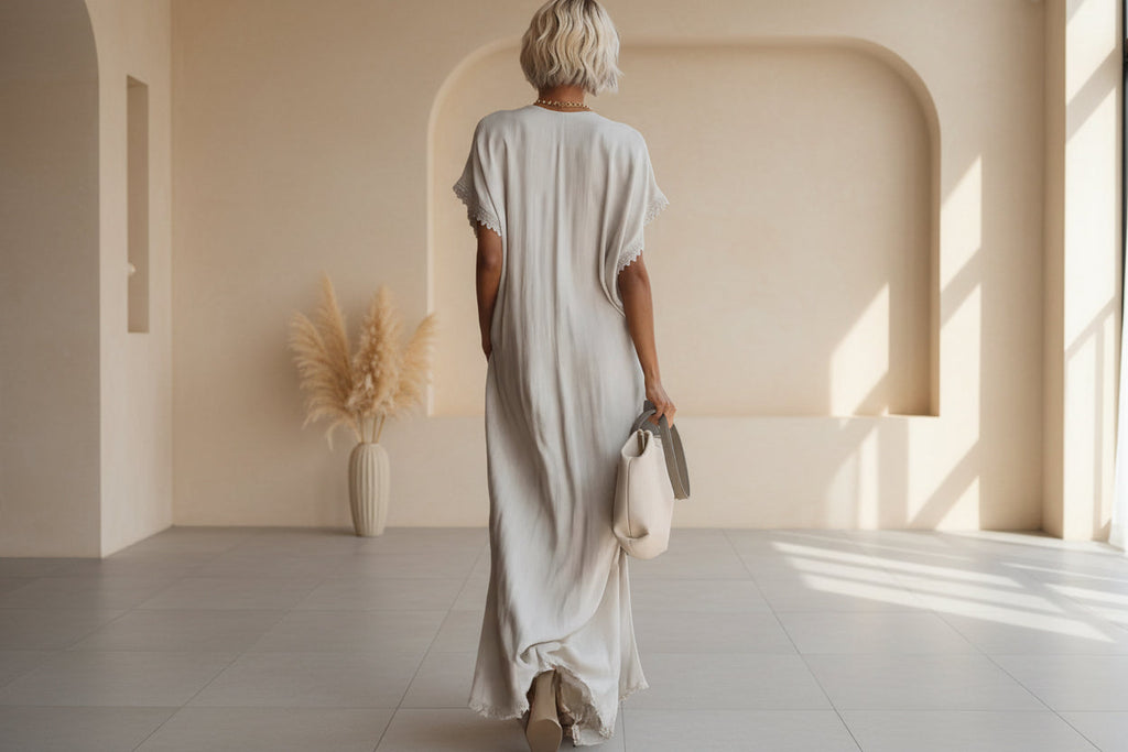 Lace-Trimmed Loose Linen Cotton Long Dress for Women