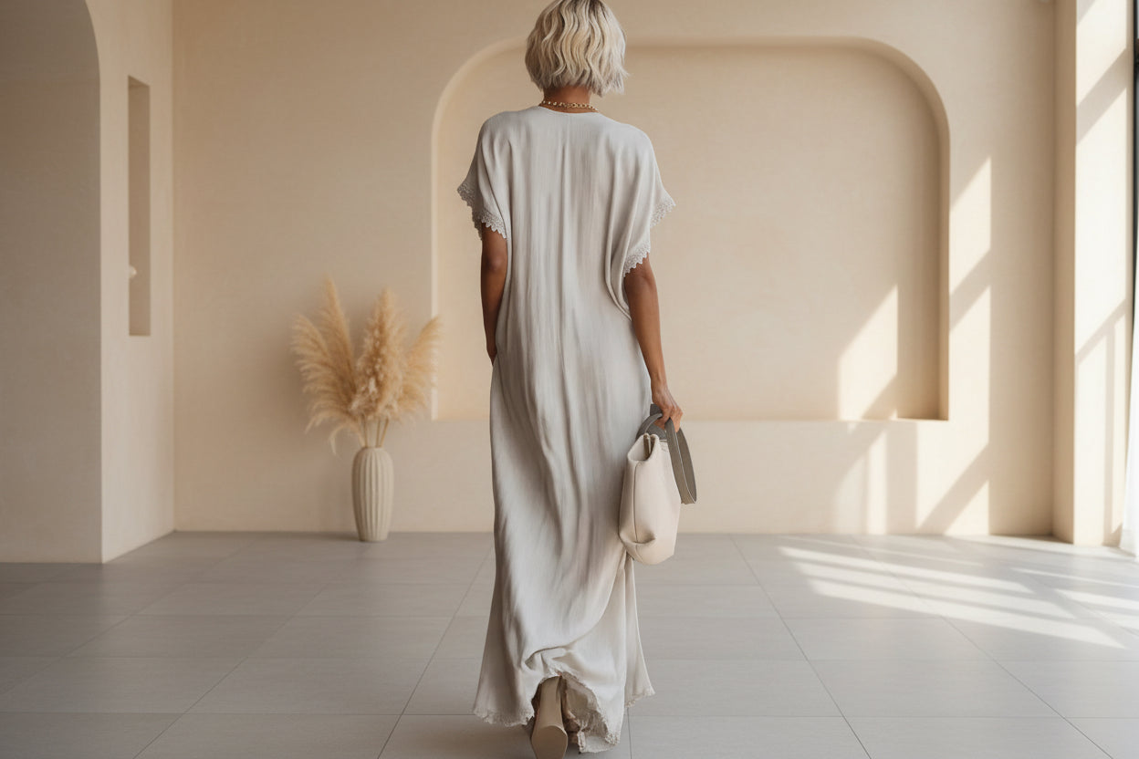 Lace-Trimmed Loose Linen Cotton Long Dress for Women