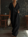 Lace-Trimmed Loose Linen Cotton Long Dress for Women