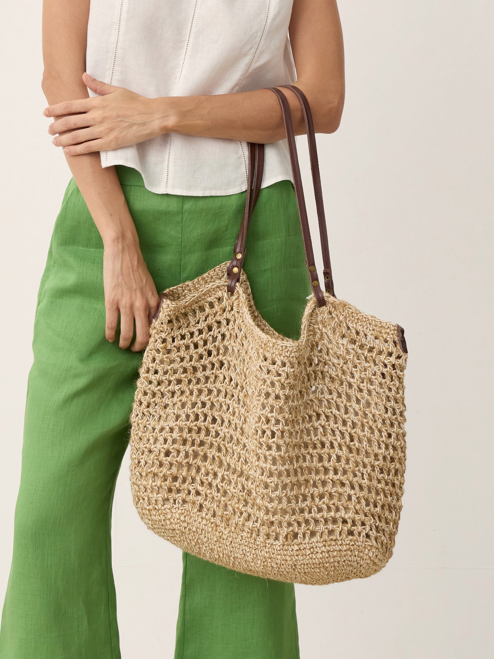 Linen-Cotton Open-Weave Tote Bag With Zip Pouch