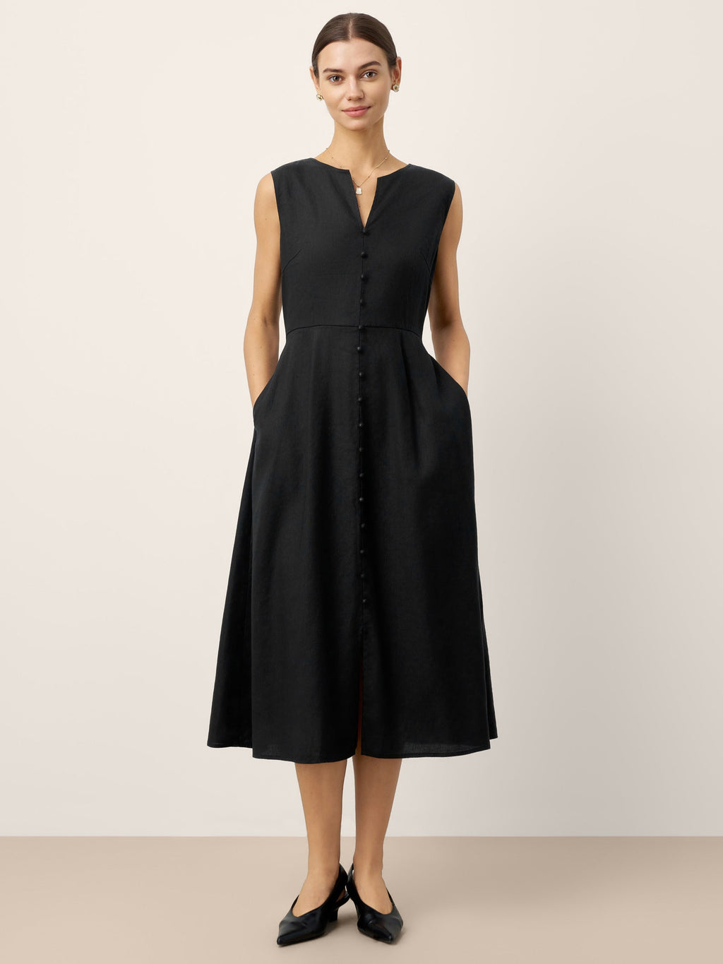 Linen-Lyocell V-Neck Sleeveless Midi Dress WILLOW