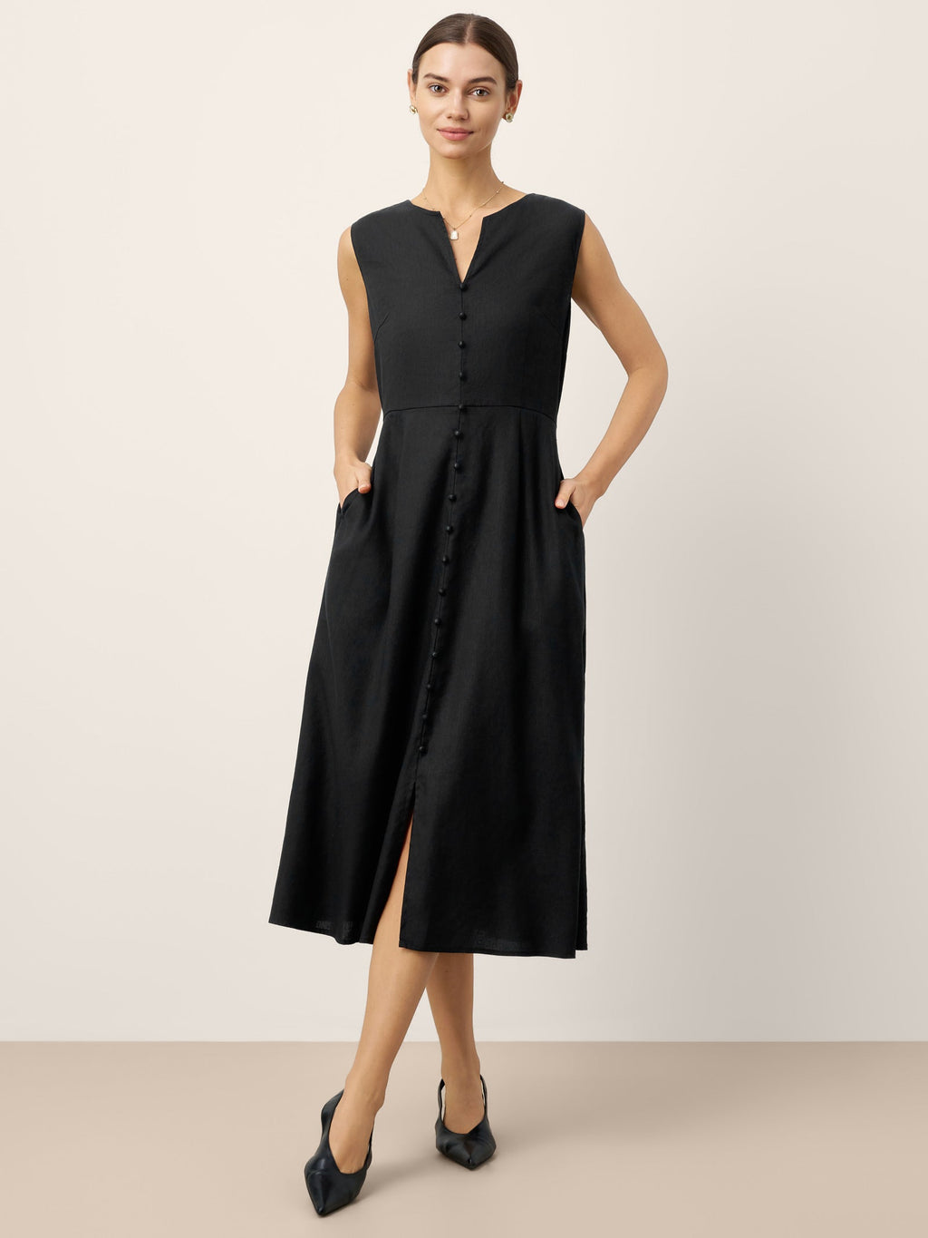 Linen-Lyocell V-Neck Sleeveless Midi Dress WILLOW