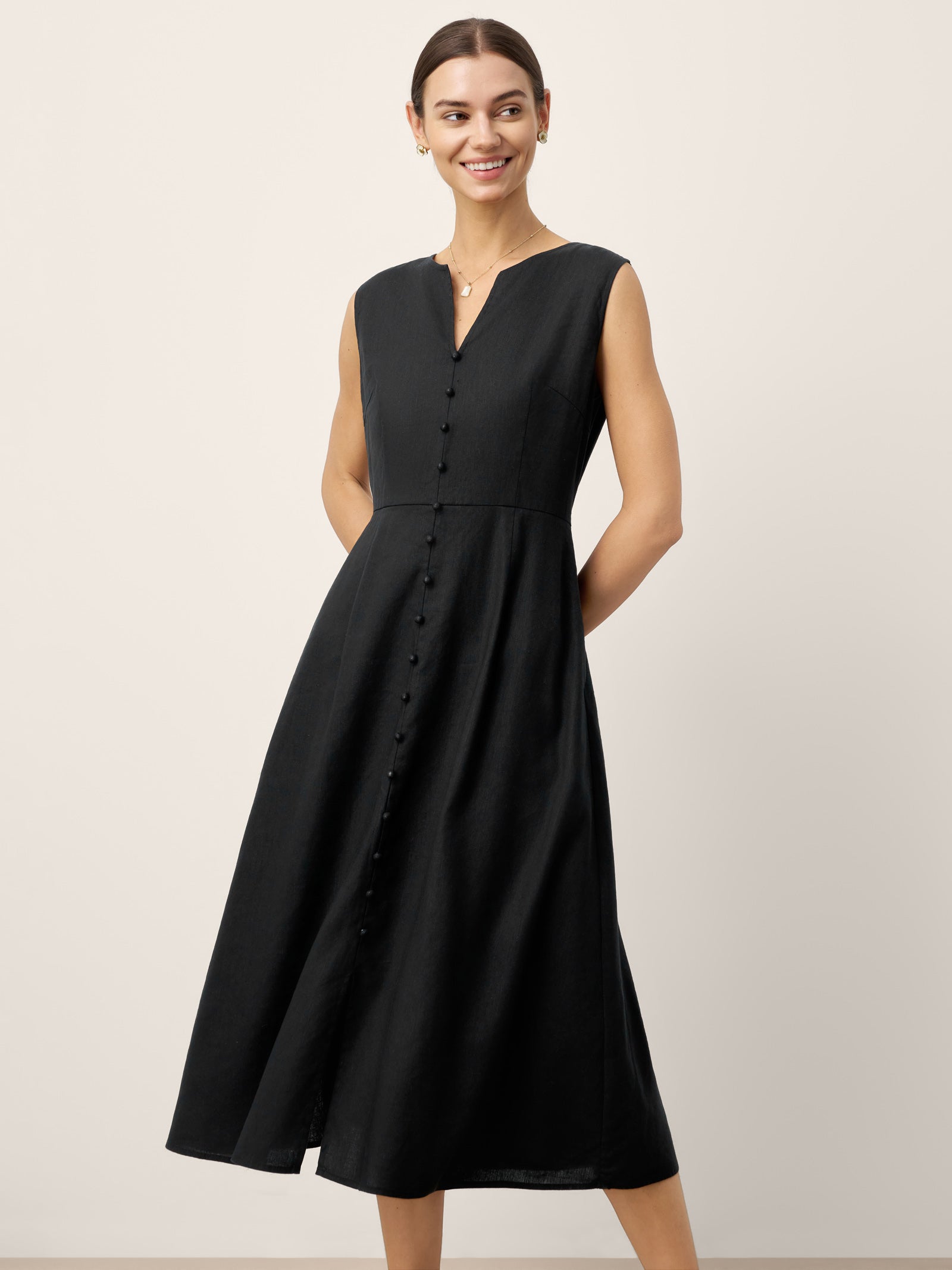 Linen-Lyocell V-Neck Sleeveless Midi Dress WILLOW