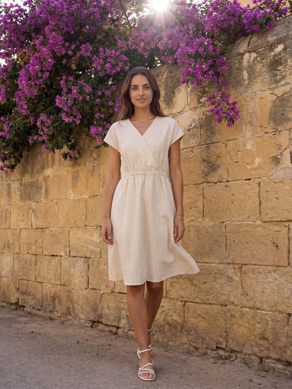 100% Linen Striped Elastic-Waist Midi Dress ARIA