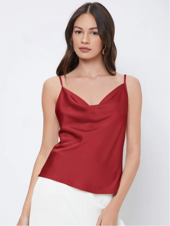 Inner Wear Silk like Satin Camisole Women Pile Collar Outer Wear Sexy Bottoming Swing Collar Short Top