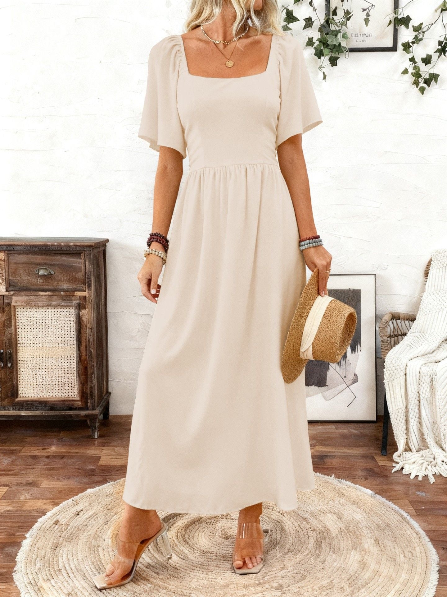 Ladies Spring Summer Bohemian Square Collar Fashion Elegant Generous Lotus Leaf Sleeve Women's Dress Dress