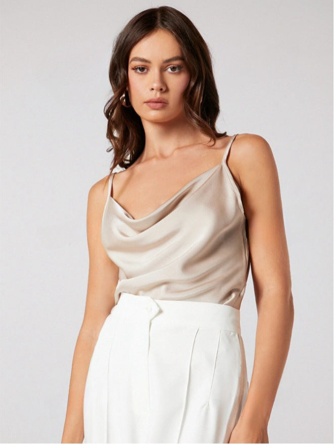 Inner Wear Silk like Satin Camisole Women Pile Collar Outer Wear Sexy Bottoming Swing Collar Short Top