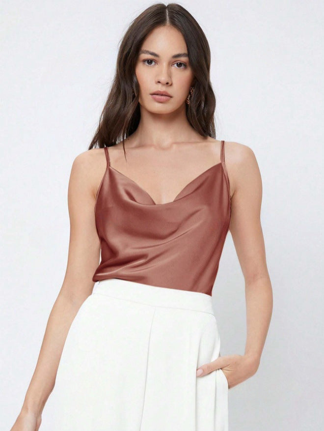 Inner Wear Silk like Satin Camisole Women Pile Collar Outer Wear Sexy Bottoming Swing Collar Short Top