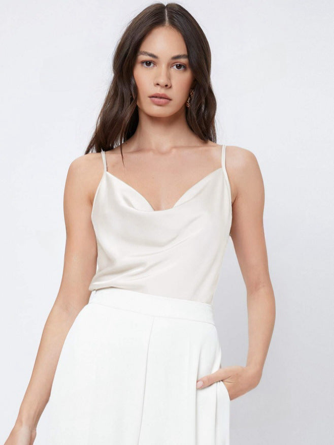 Inner Wear Silk like Satin Camisole Women Pile Collar Outer Wear Sexy Bottoming Swing Collar Short Top