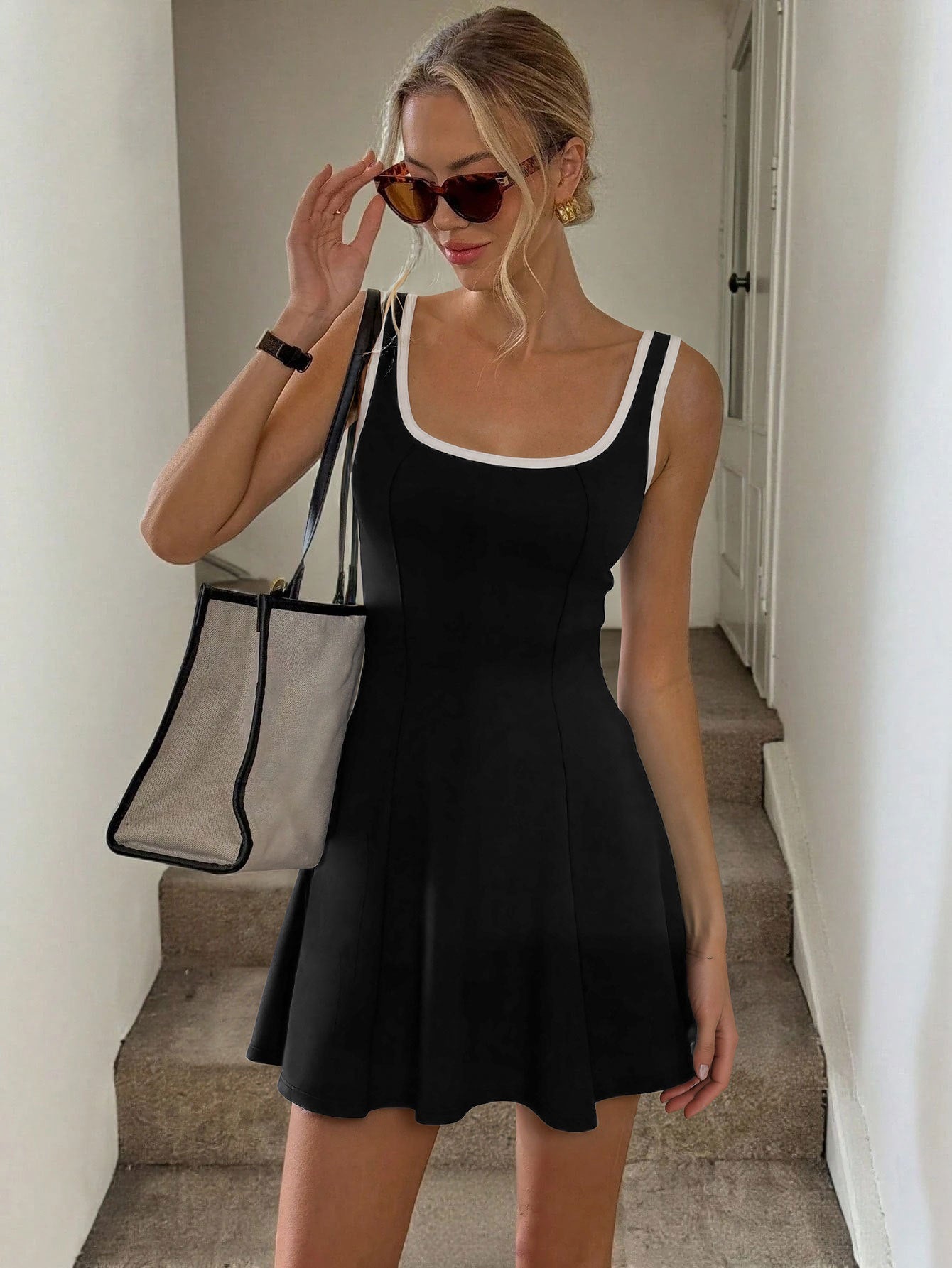 Summer Sports U Collar Sleeveless Contrast Color Binding Slim Slimming A line Short Tennis Dress for Women