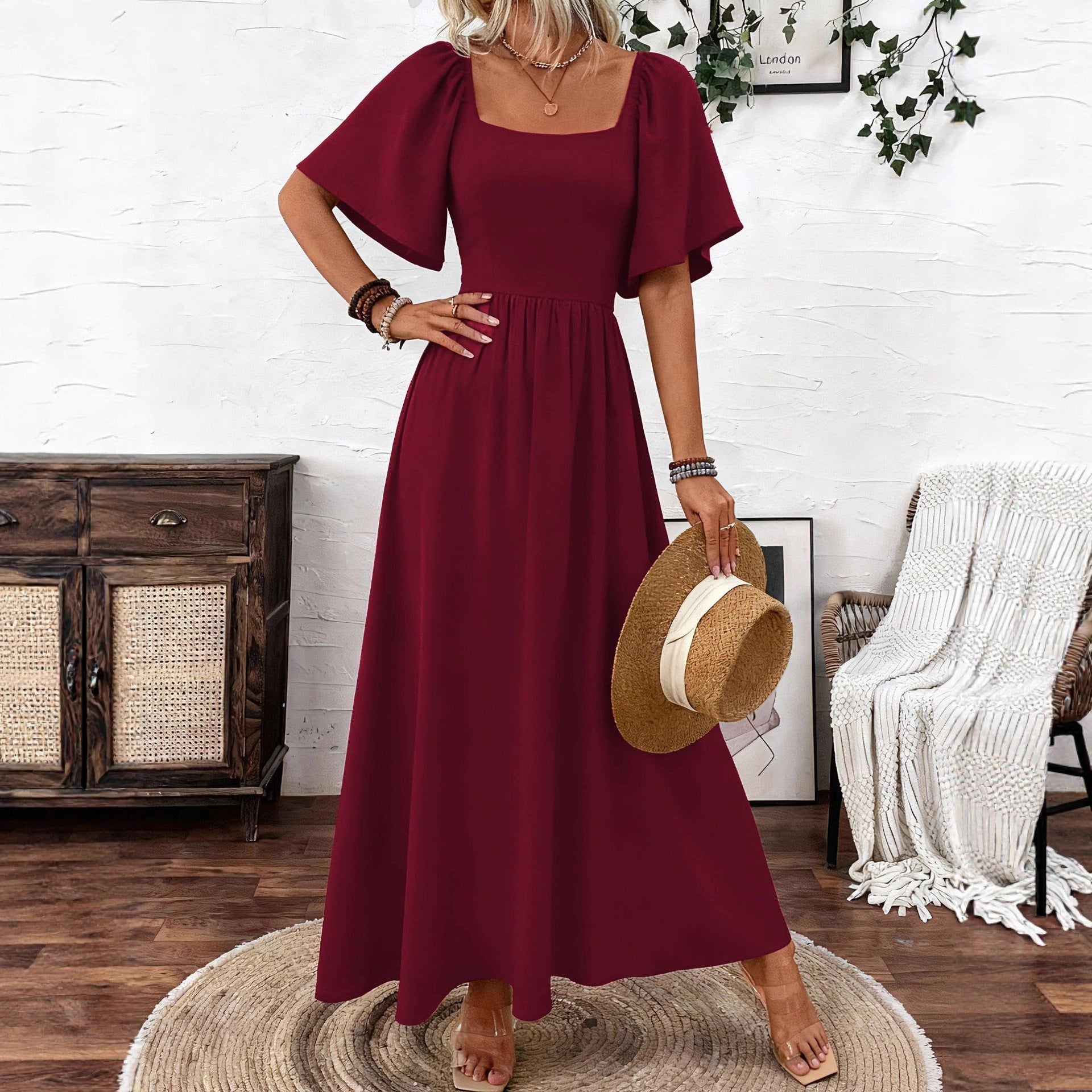 Ladies Spring Summer Bohemian Square Collar Fashion Elegant Generous Lotus Leaf Sleeve Women's Dress Dress