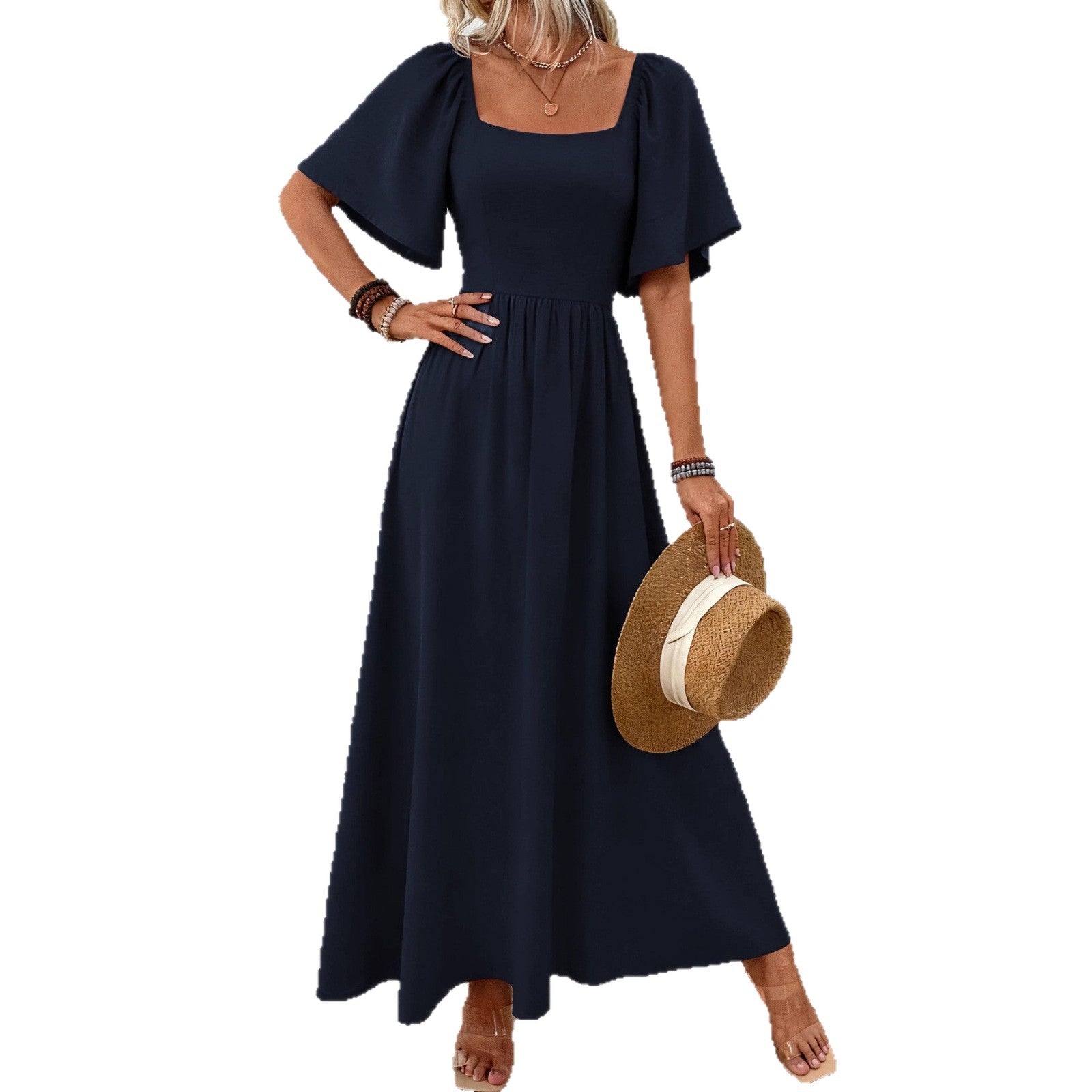 Ladies Spring Summer Bohemian Square Collar Fashion Elegant Generous Lotus Leaf Sleeve Women's Dress Dress