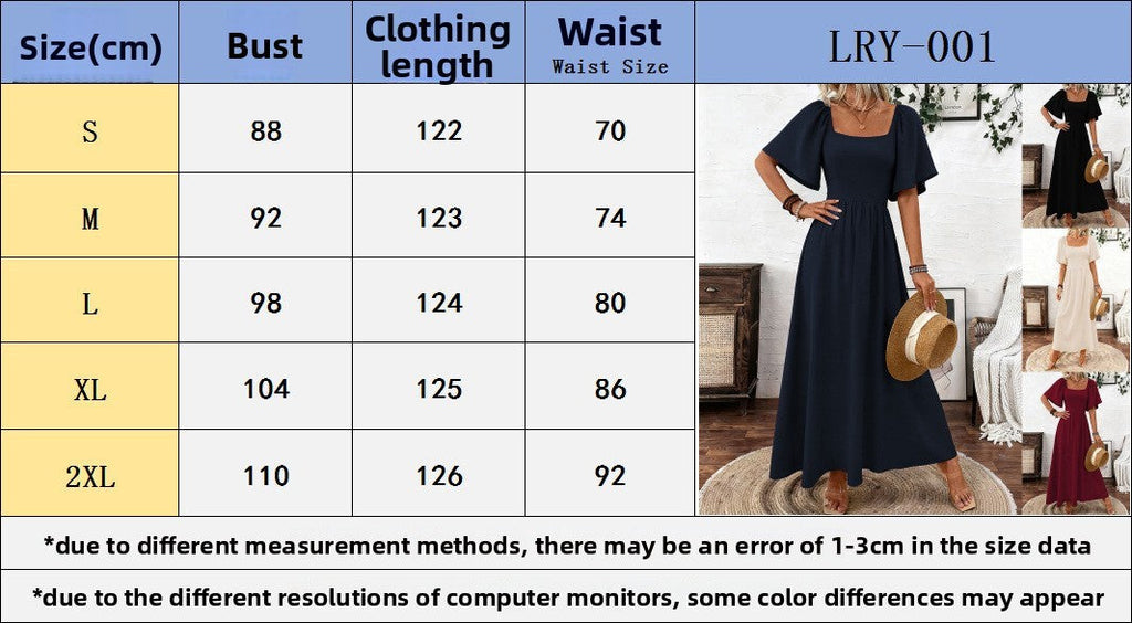 Ladies Spring Summer Bohemian Square Collar Fashion Elegant Generous Lotus Leaf Sleeve Women's Dress Dress
