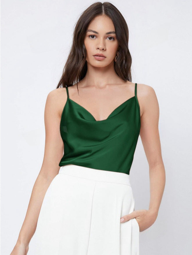 Inner Wear Silk like Satin Camisole Women Pile Collar Outer Wear Sexy Bottoming Swing Collar Short Top