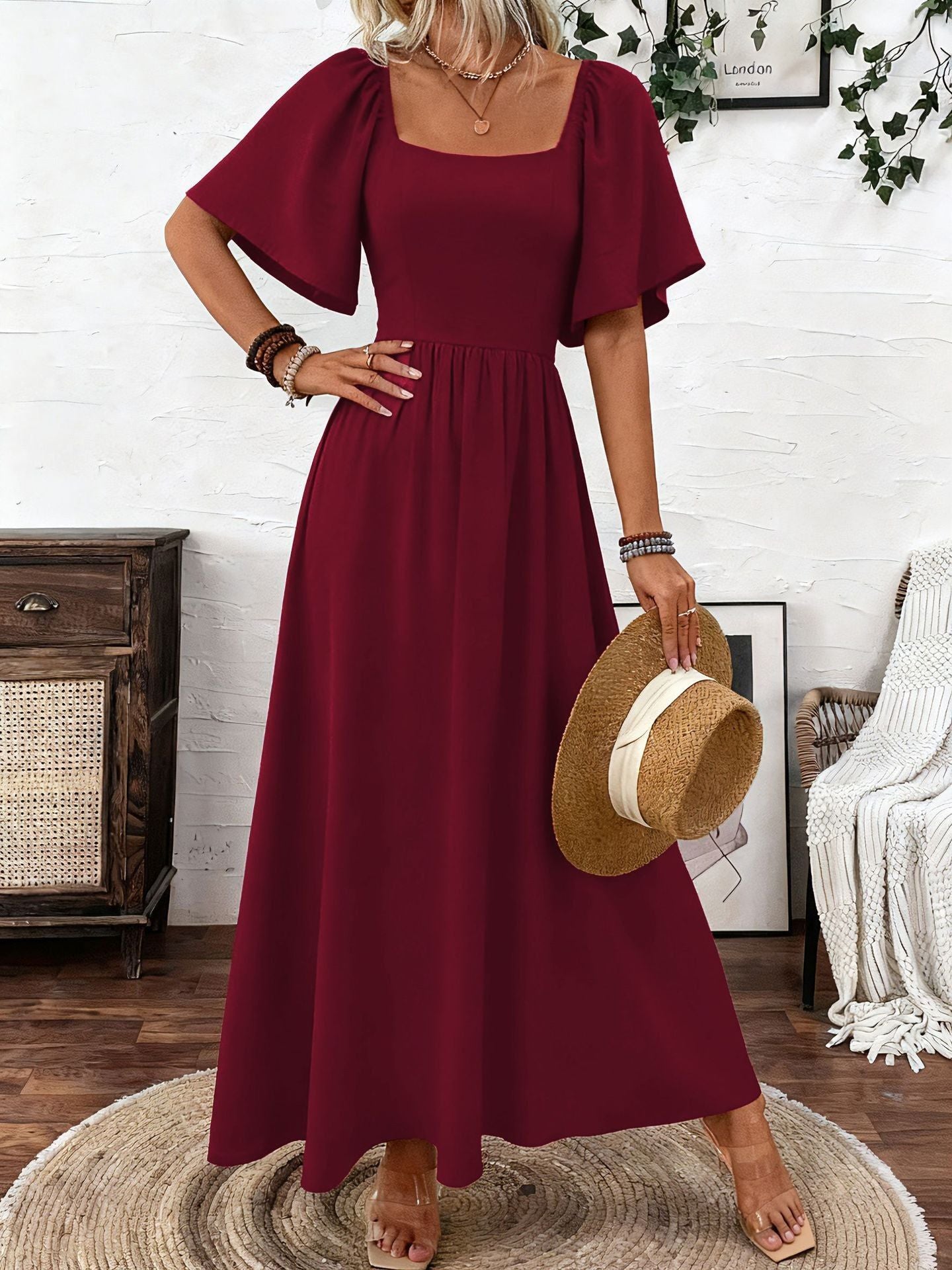 Ladies Spring Summer Bohemian Square Collar Fashion Elegant Generous Lotus Leaf Sleeve Women's Dress Dress